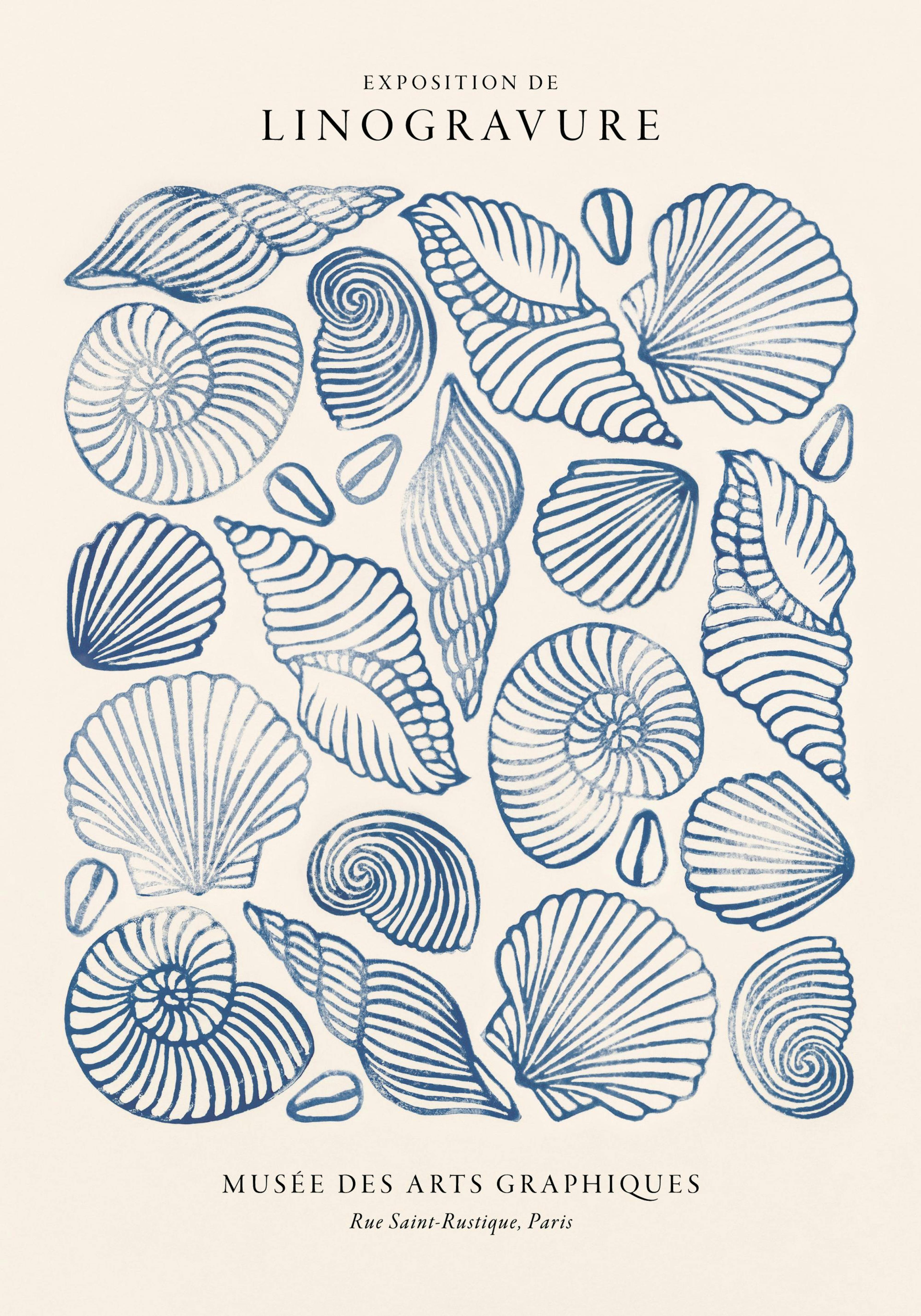Linocut Seashells Print, a beige poster with blue linocut illustrations of various seashells, creating a serene marine pattern.