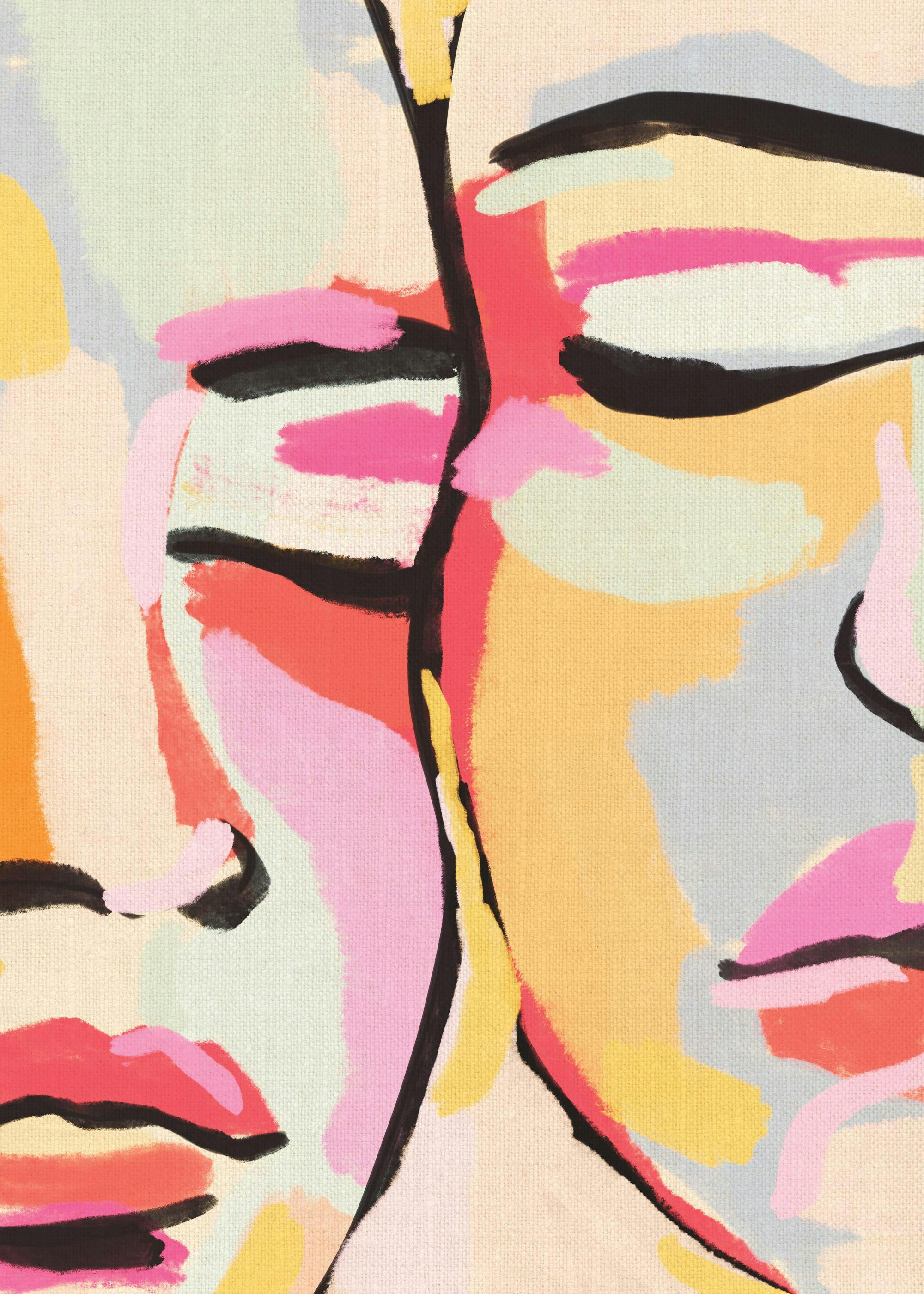 Poster met abstracte gezichten in levendige kleuren, penseelstreken, roze, geel en oranje tinten.