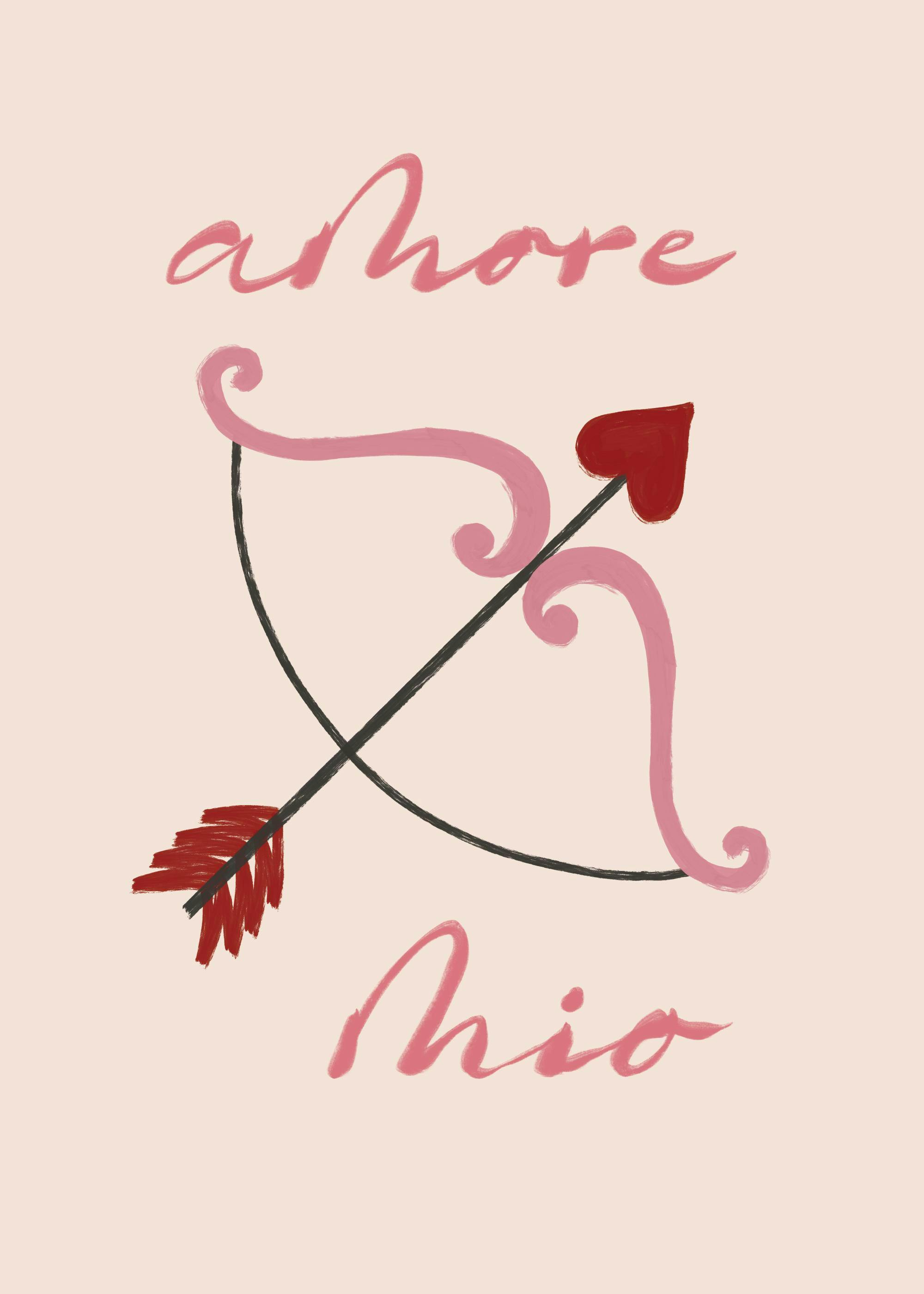 Affiche Amore Mio avec les mots Amore Mio en rose et un arc de Cupidon rose et rouge