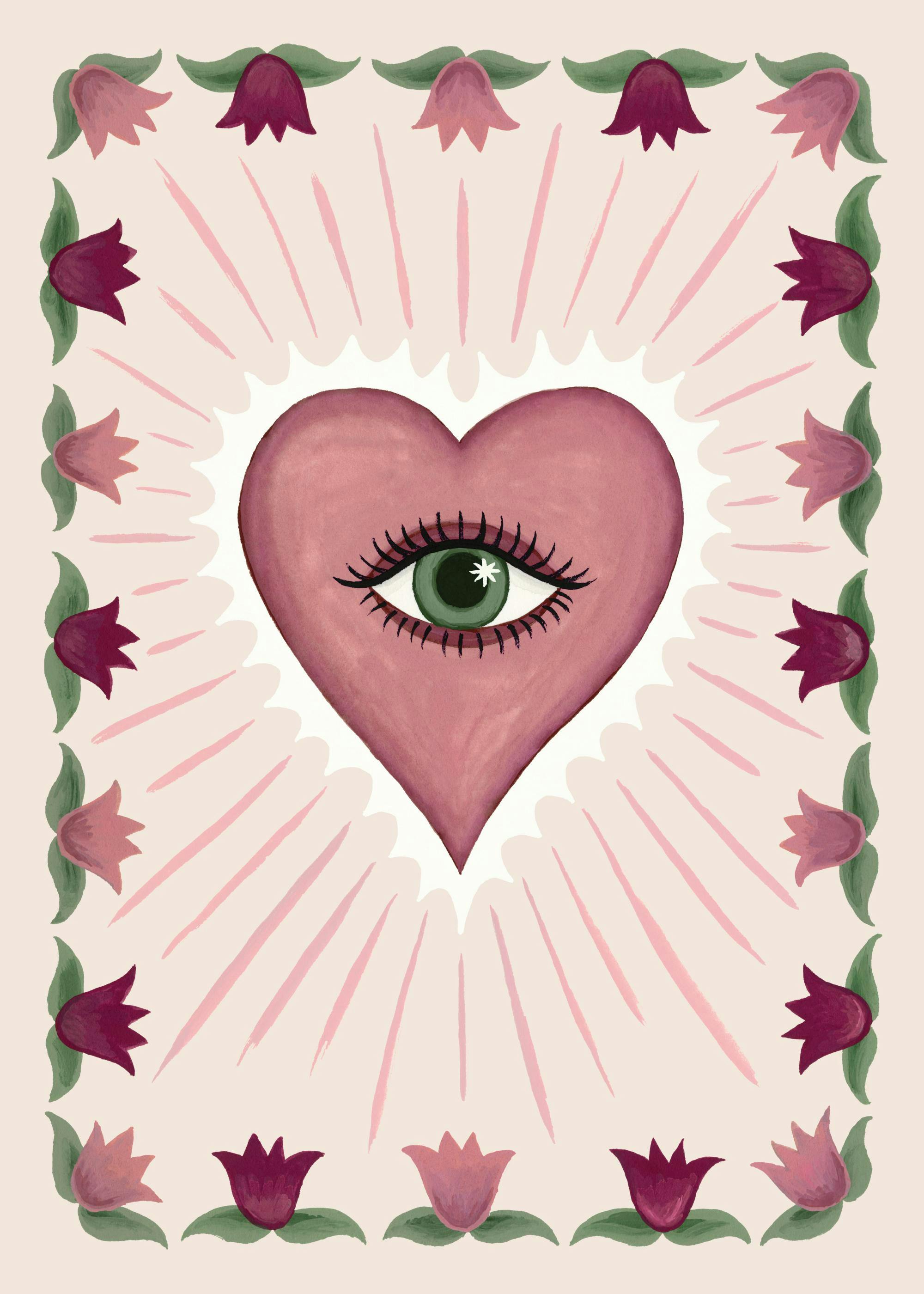 Affiche de cœur rose avec œil vert central, bordée de tulipes rouges et roses. Illustration damour.