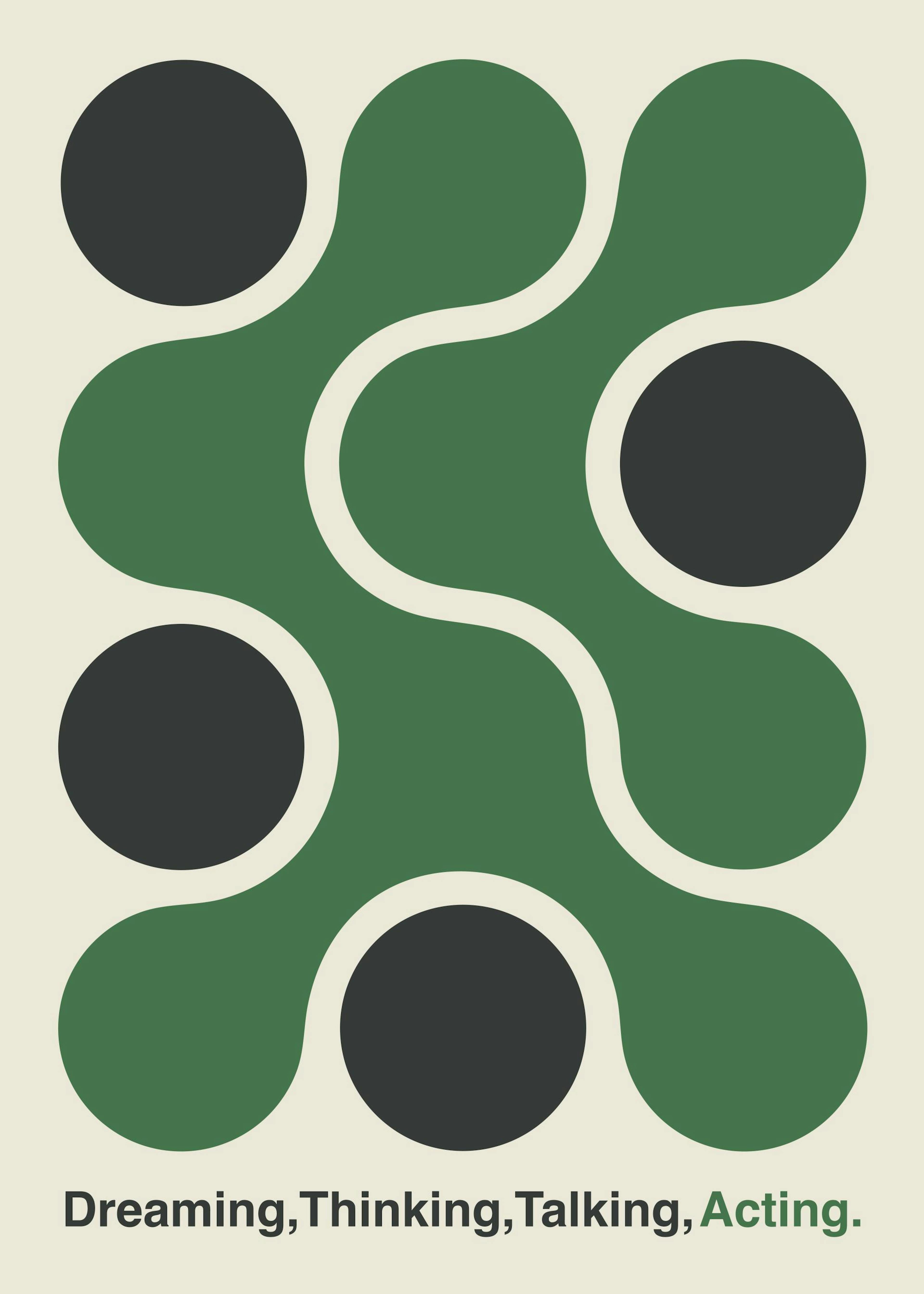 Poster retrò verde con forme ondulate e cerchi neri, testo Dreaming, Thinking, Talking, Acting.