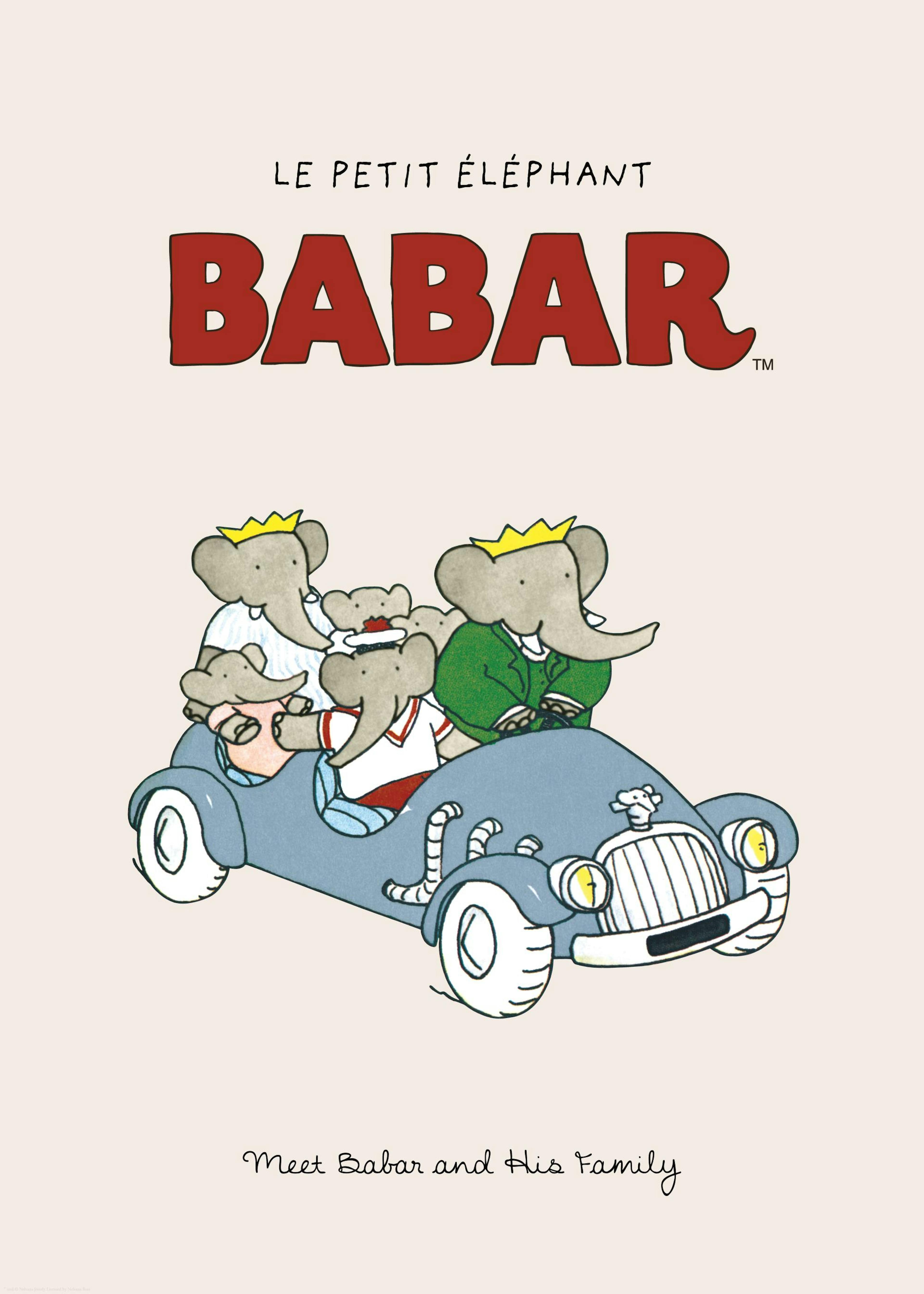 Babar og familie i blå bil, klassisk børnebogsillustration, elefanter, Babar plakat.