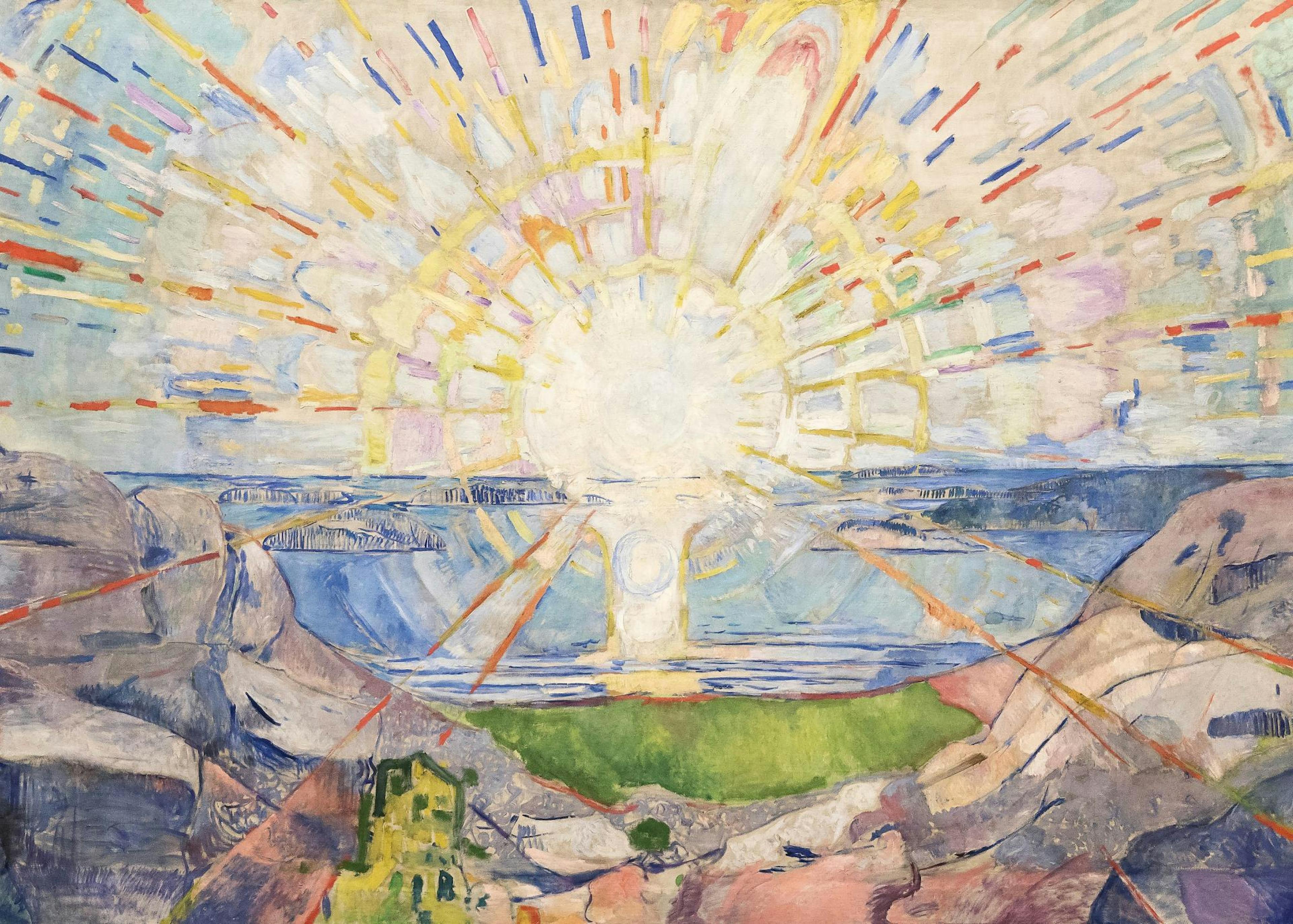 Affiche dEdvard Munch, Solen (Le Soleil), représentant un lever de soleil éclatant sur un paysage marin avec des montagnes et un