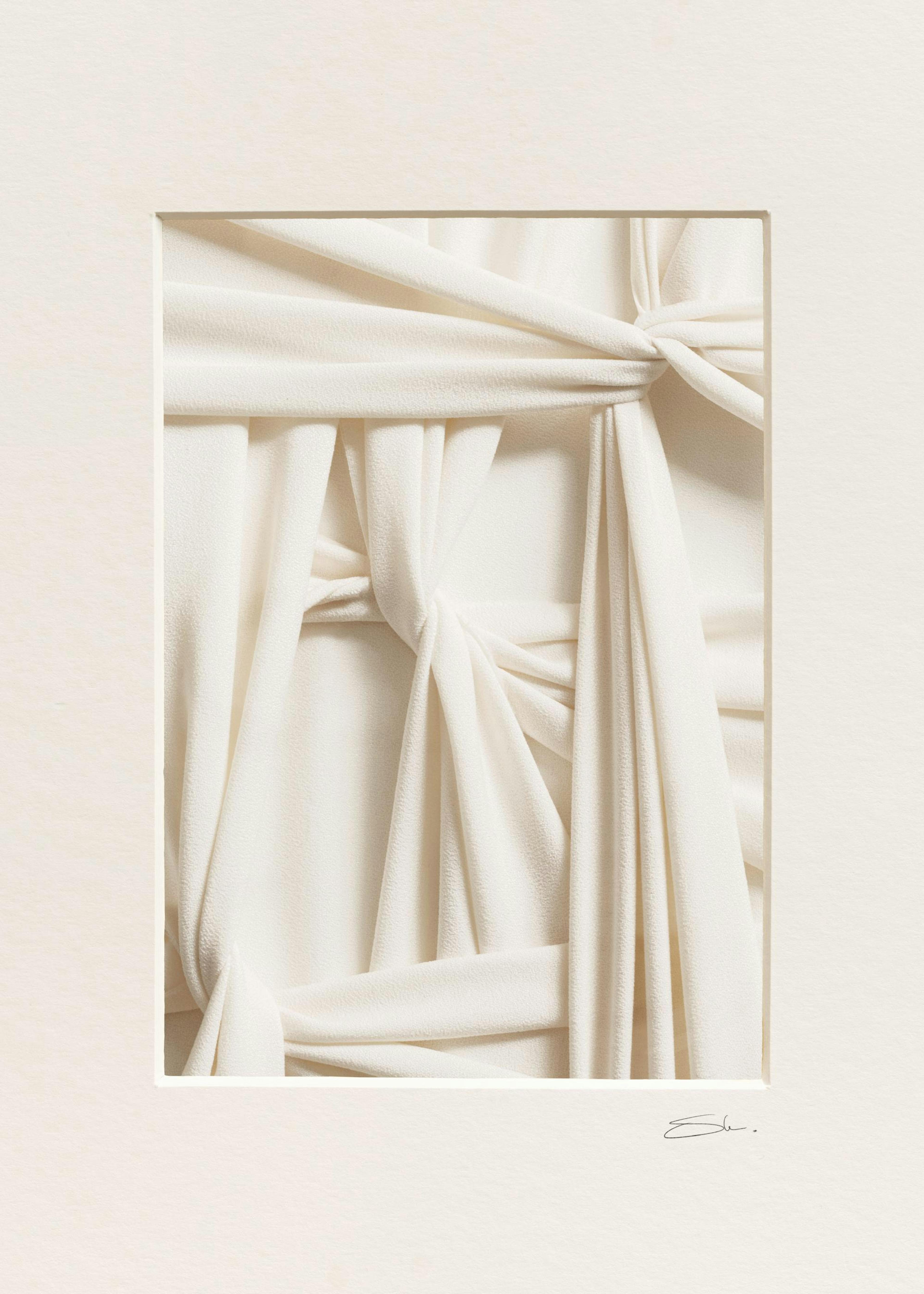 Tactile Fabric No1 print, a white fabric poster with knotted textile and a 3D illusion effect, perfect for wall decor.