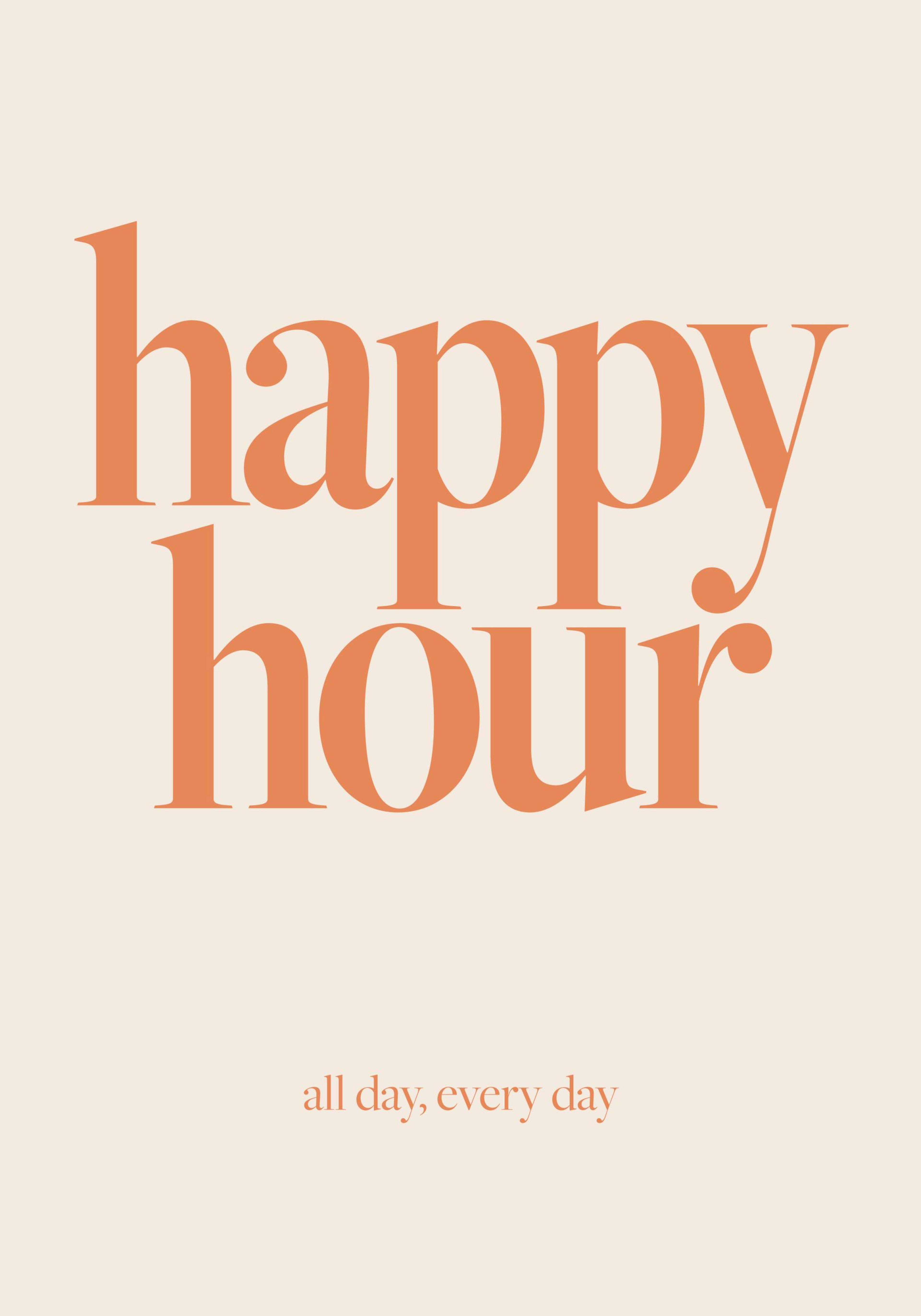 Poster Happy Hour con testo arancione su sfondo chiaro, design allegro per decorazione murale.
