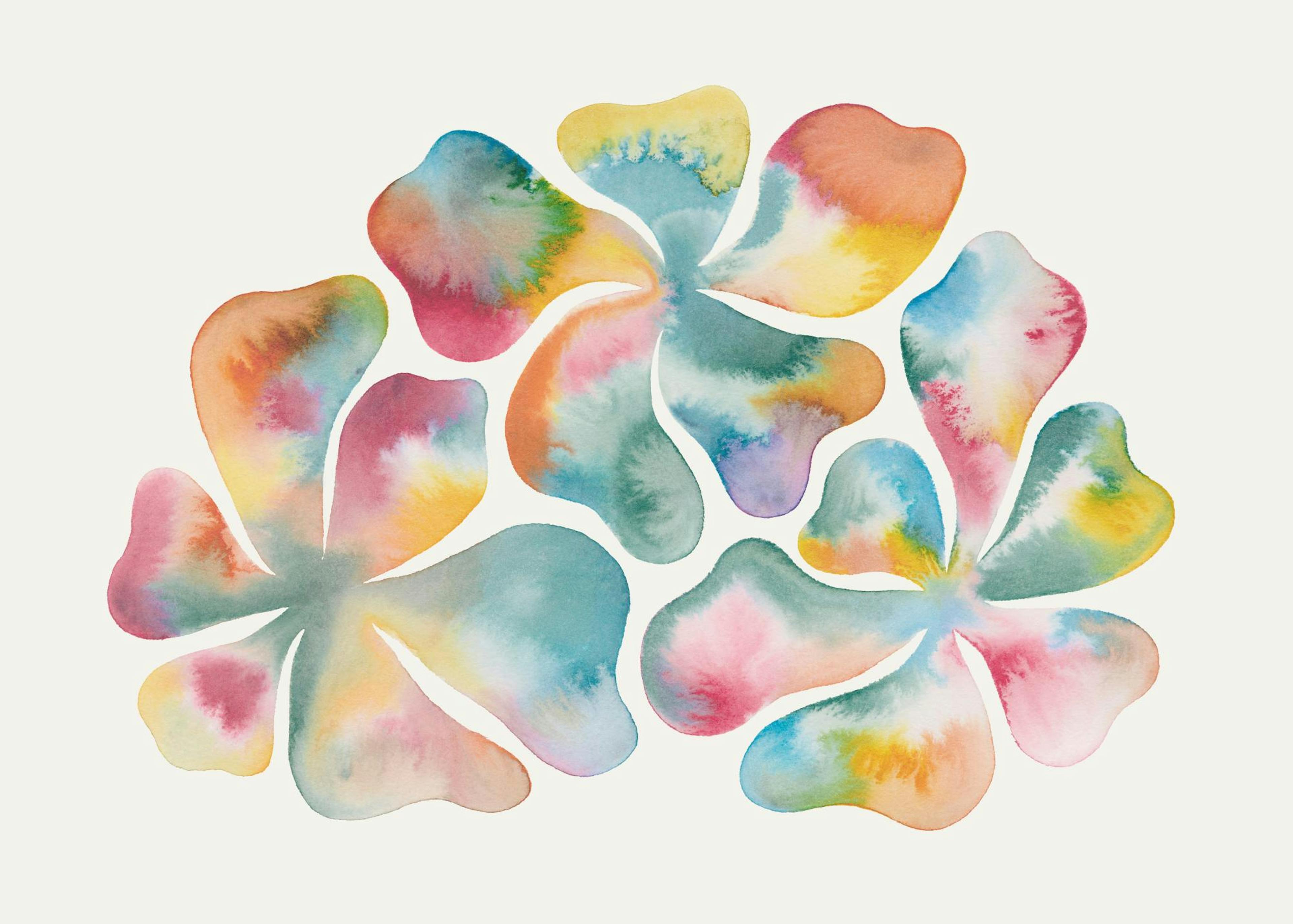 Póster de acuarela de flores con pétalos azules, amarillos, rosas, verdes y naranjas difuminados sobre fondo blanco.