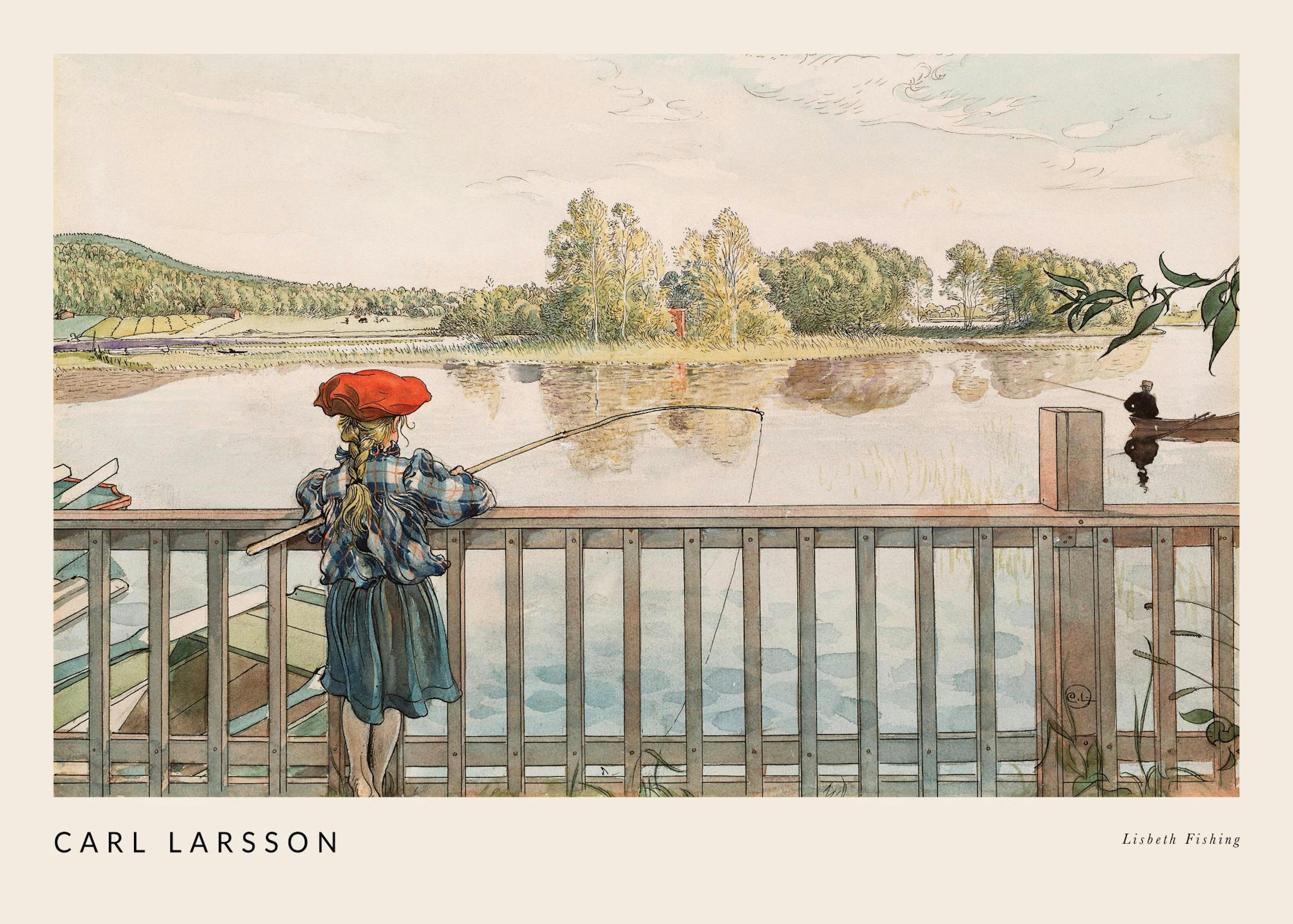 Pintura de Carl Larsson: menina com trança e chapéu vermelho pesca num lago, verão idílico, estilo clássico vintage.