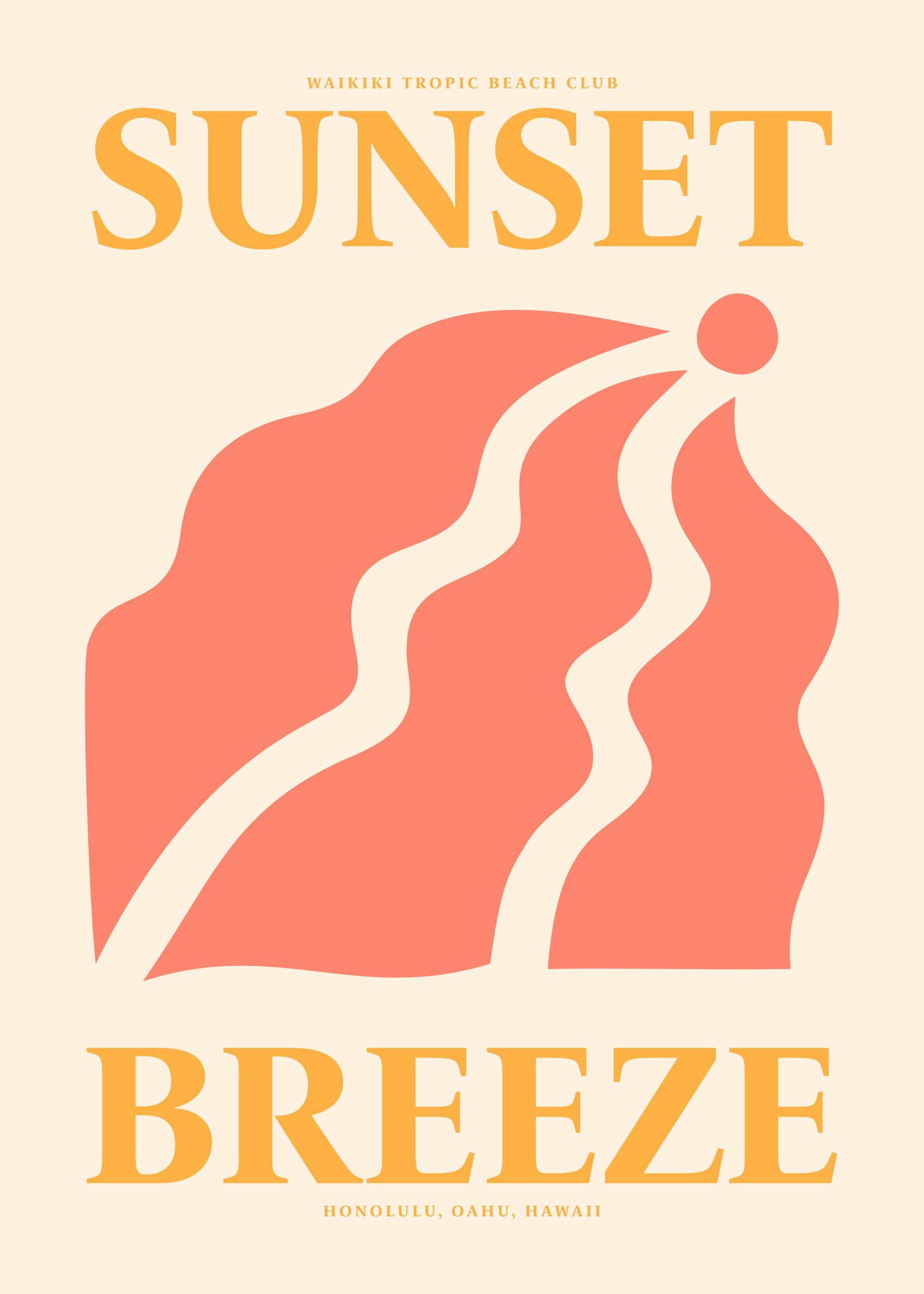 Grafisches Poster in Beige und Rosa, das einen Sonnenuntergang mit dem Schriftzug Sunset Breeze in Gelb zeigt.