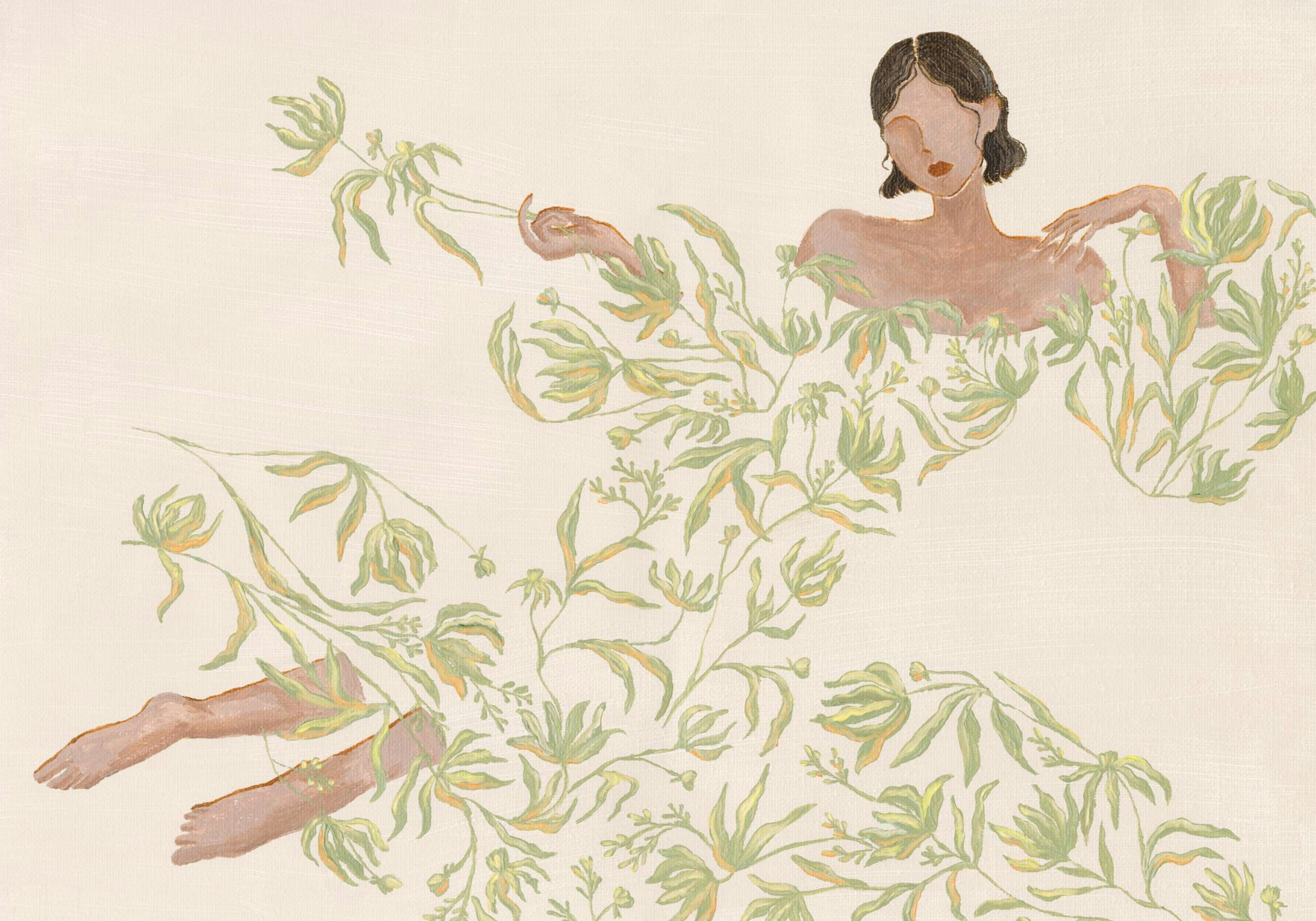 Affiche dune femme en robe florale verte sur fond beige, style illustration avec typographie. Toile dart.