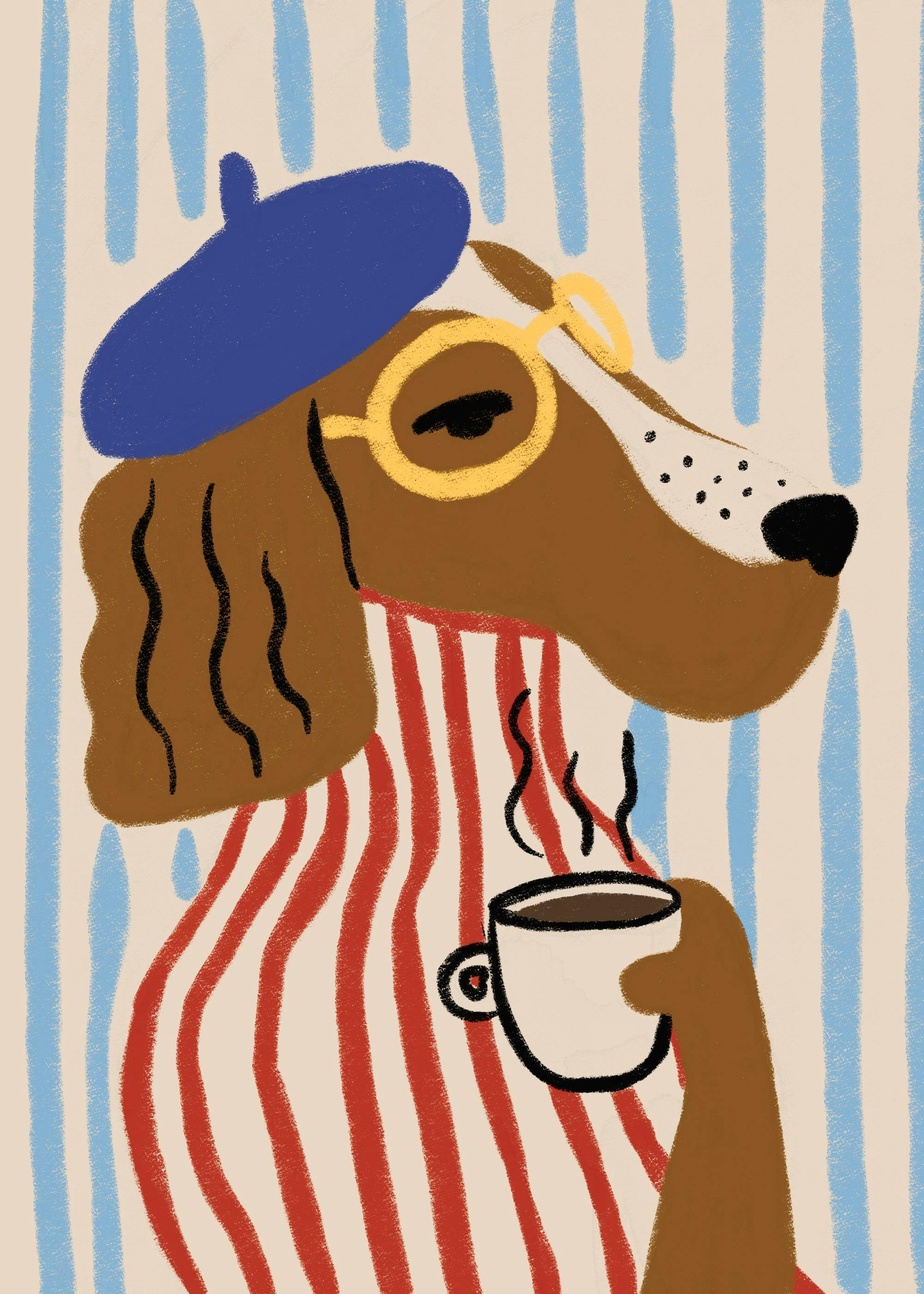 Poster con illustrazione di cane che indossa berretto, occhiali, maglietta a righe e beve caffè, colori vivaci.