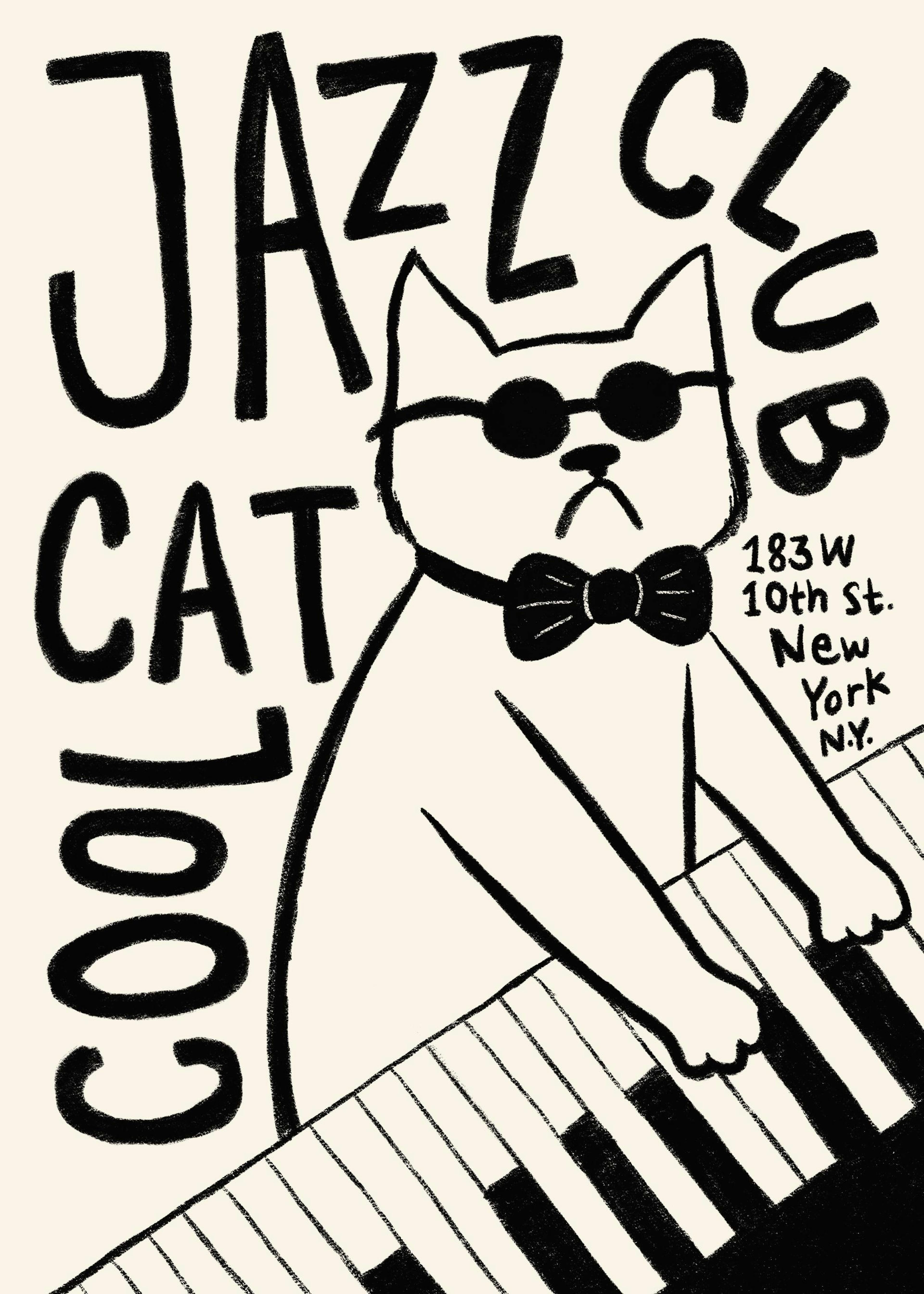 Poster con gatto cool che suona il pianoforte, occhiali da sole e papillon, in stile jazz club, bianco e nero.