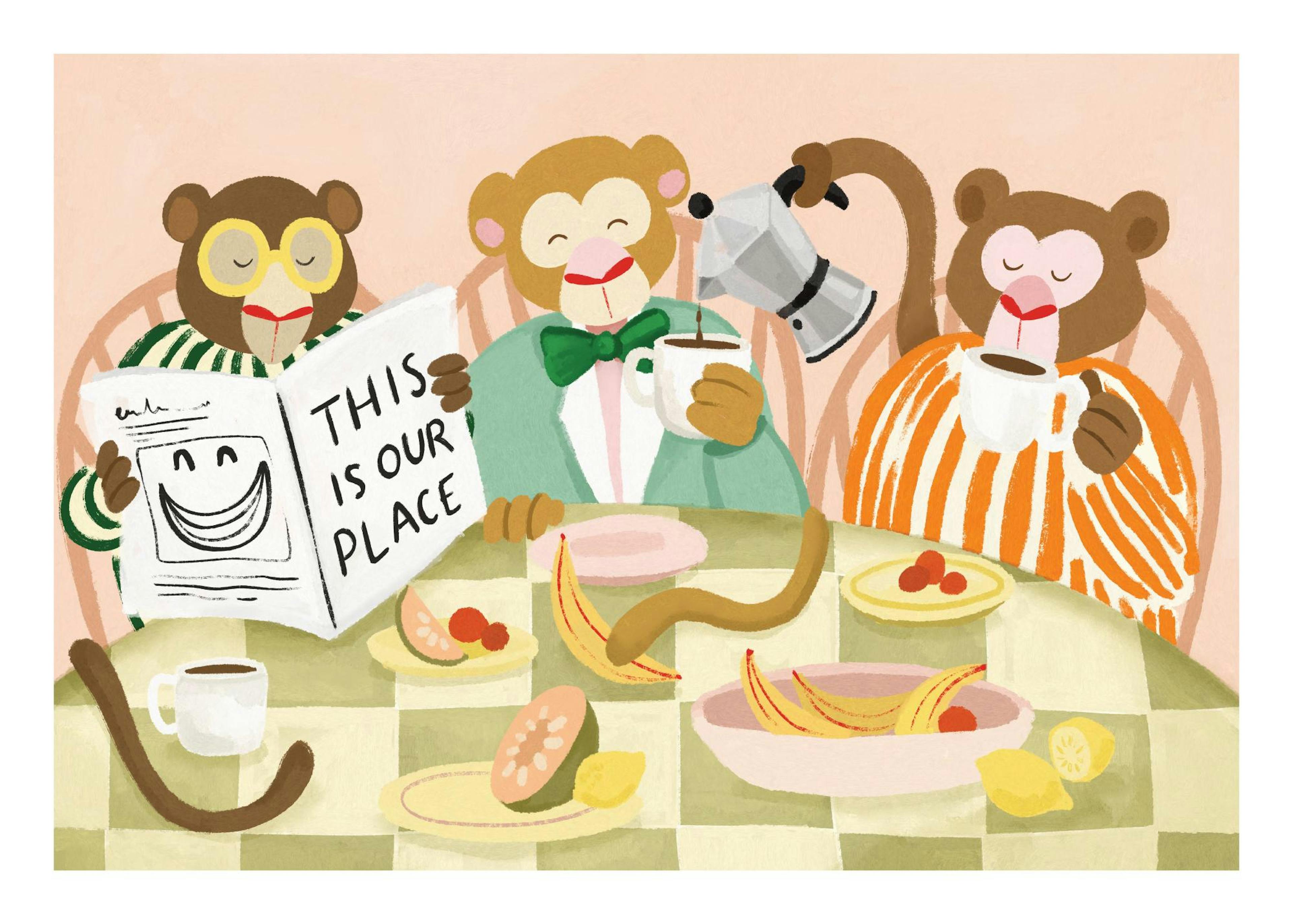 Playful illustration showing three monkeys having coffee and reading at a breakfast table with fruit and checkered tablecloth.