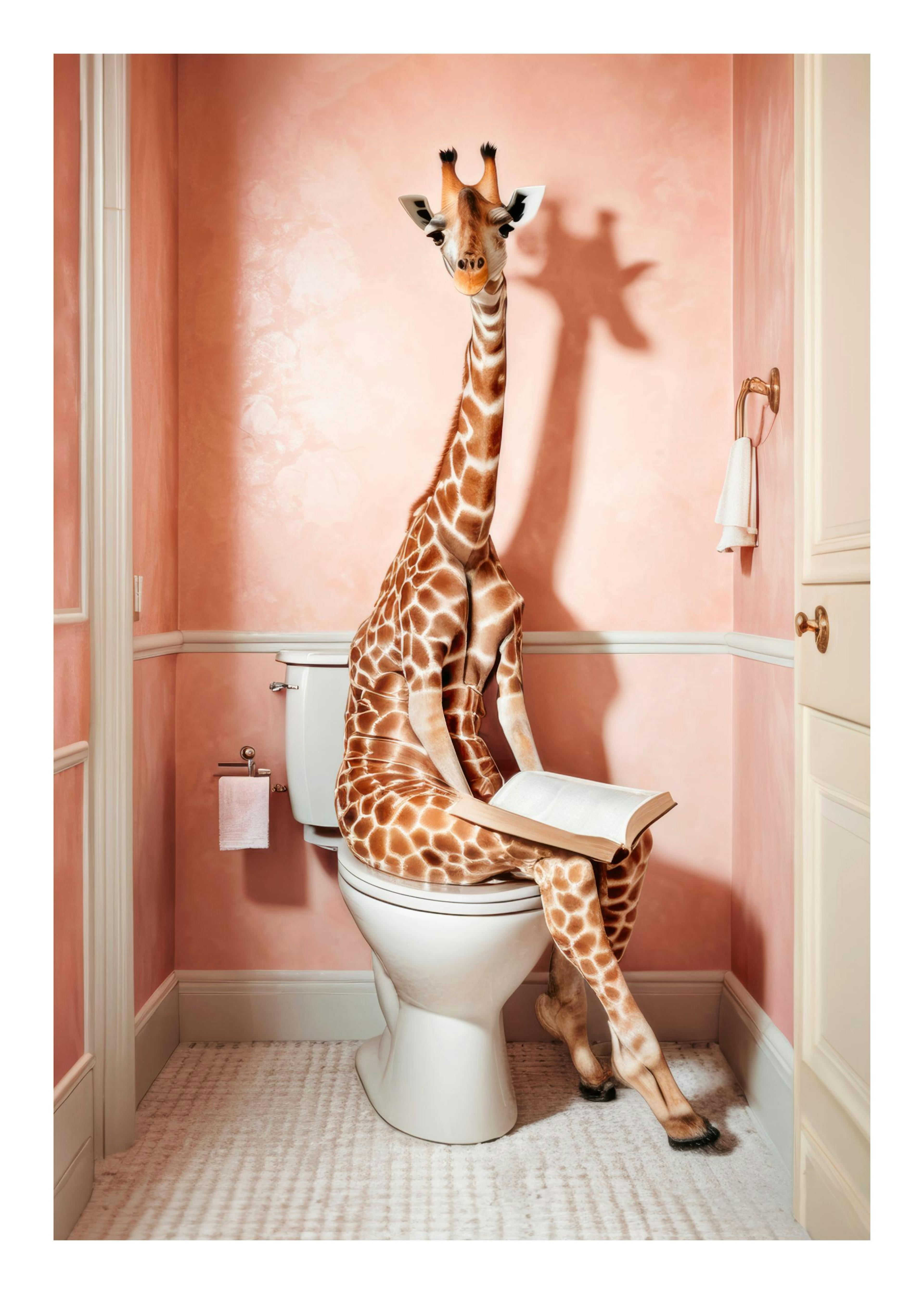 Poster divertente: giraffa sul water che legge un libro in un bagno rosa.