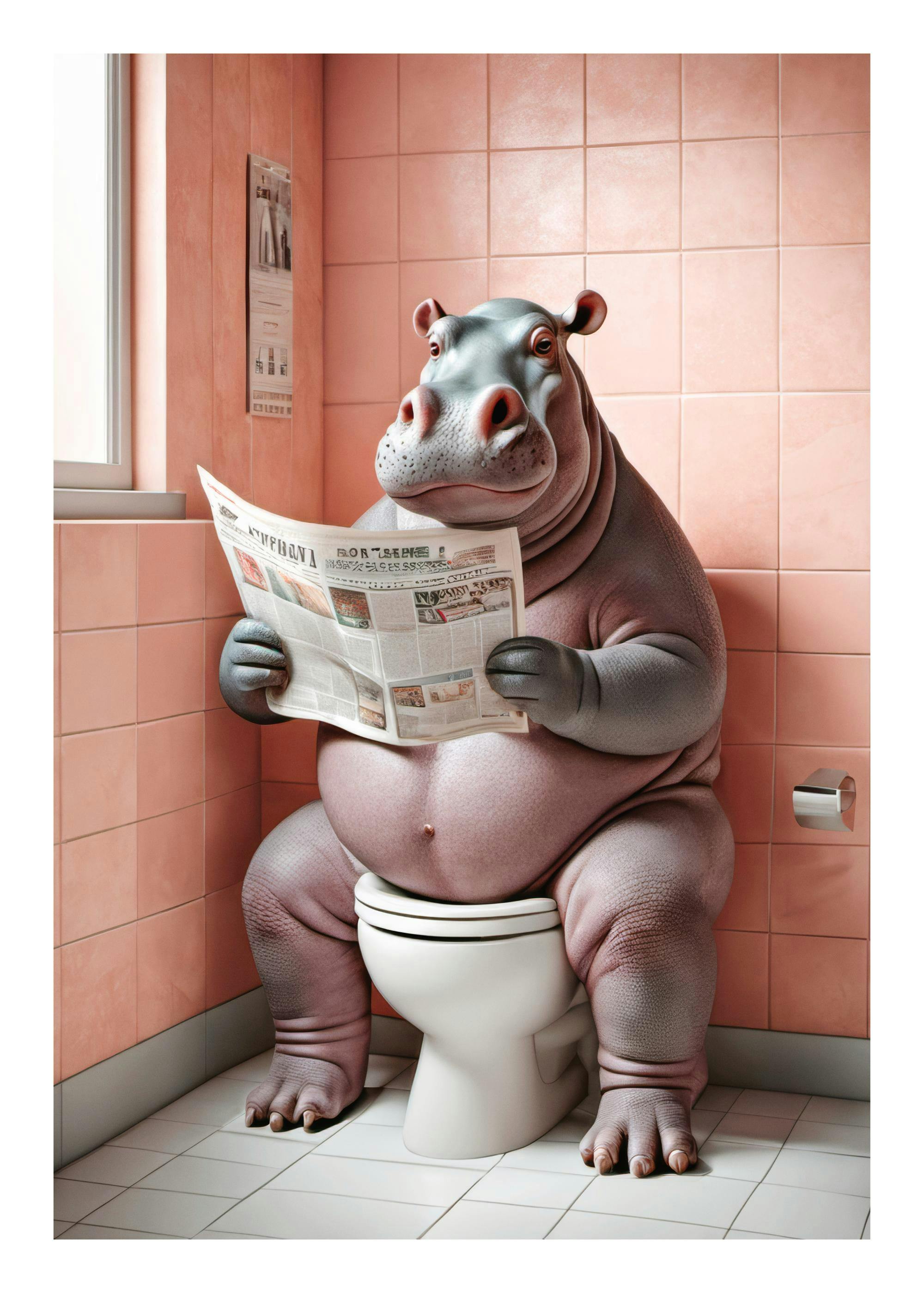 Lustiges Nilpferd auf Toilette lesend, rosa Badezimmer, einzigartiges Wandposter für Zuhause.