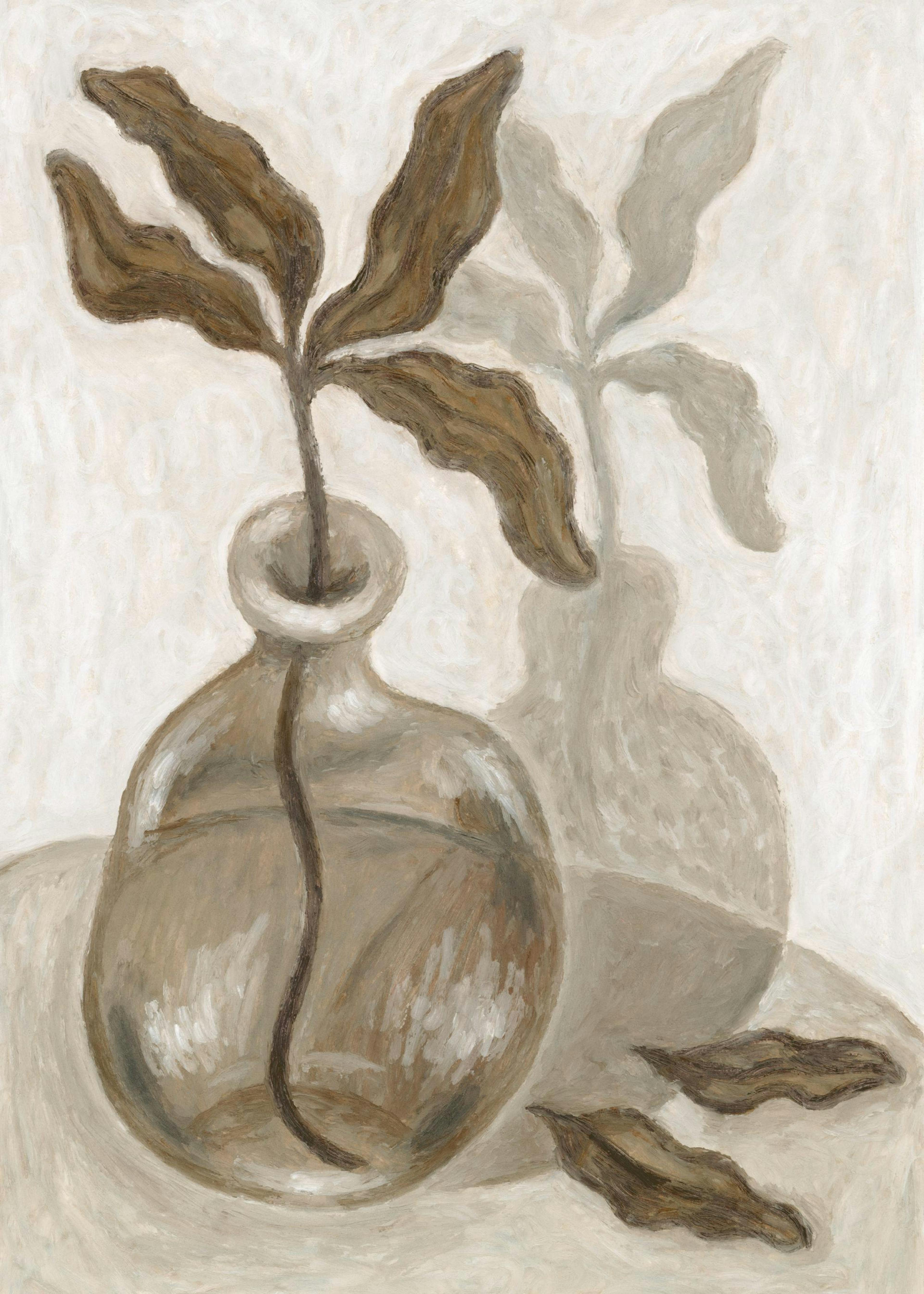 Impressionistisk stilleben plakat med gren i vase, bløde neutrale farver, håndmalet kunst.