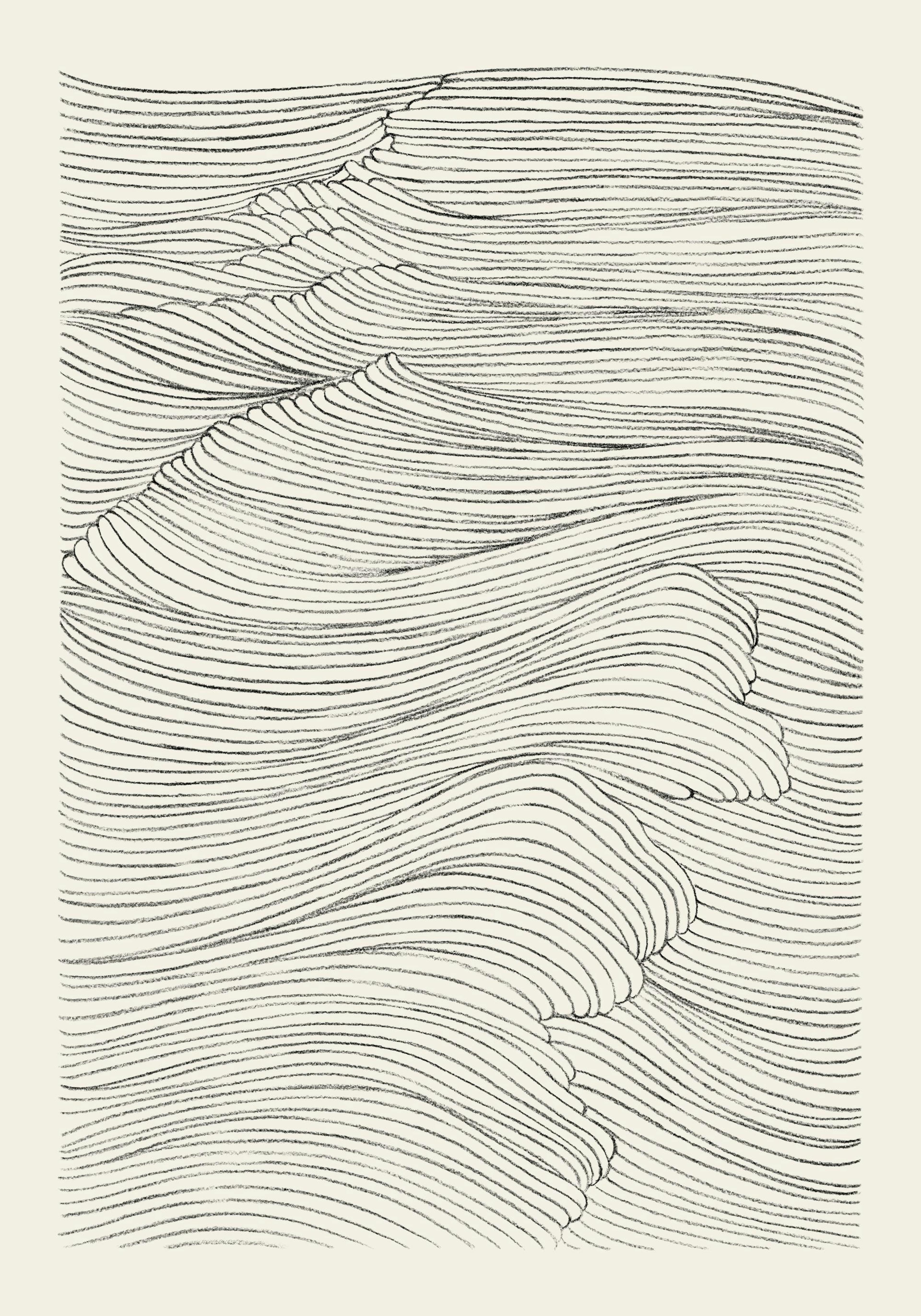 Plakat med minimalistisk linjekunst, der forestiller bølger i havet, med fine sorte streger på en lys baggrund.
