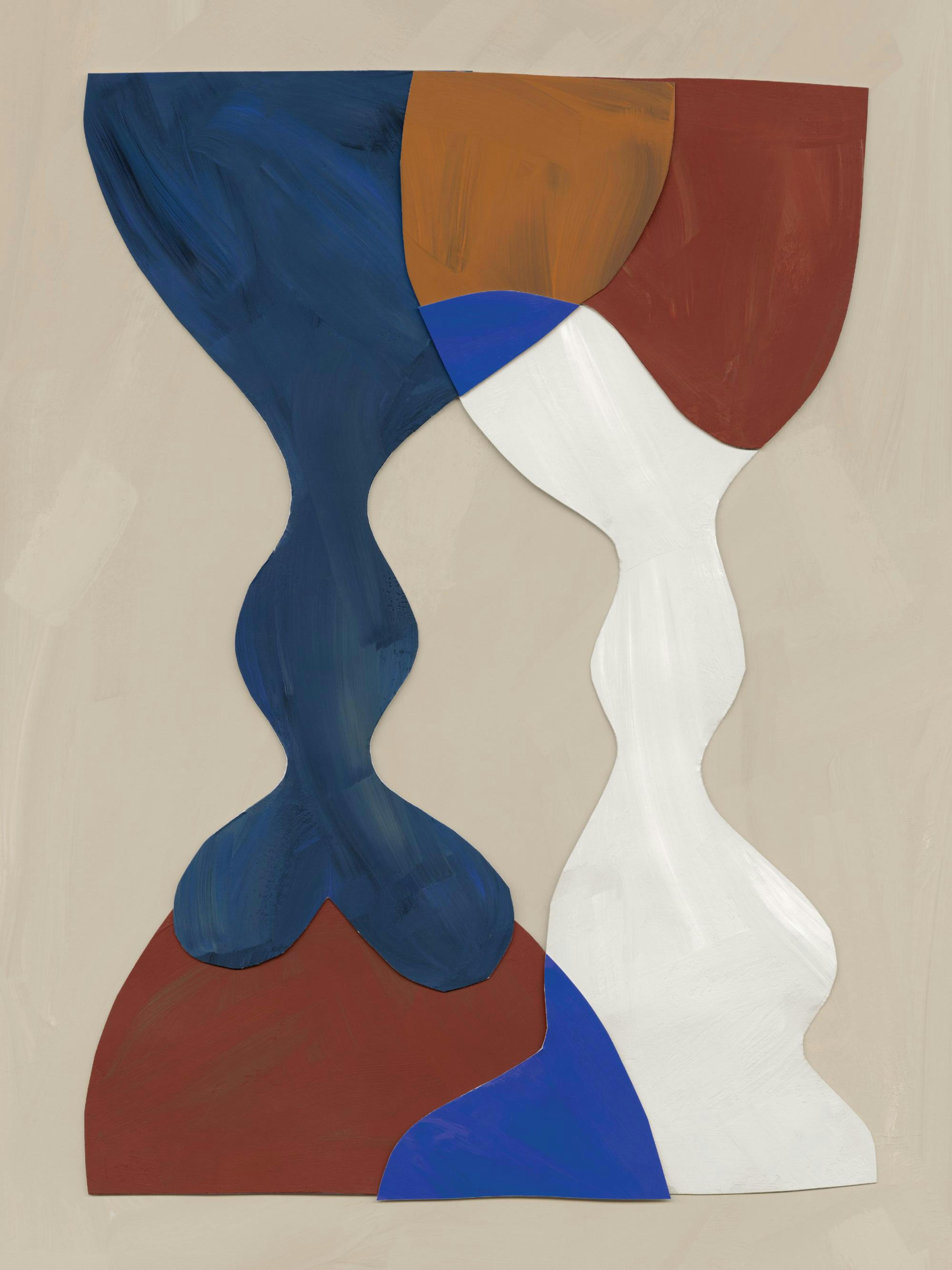 Kubistisches Poster mit überlappenden Formen in Blau, Braun, Weiß und Rot vor beigem Hintergrund.