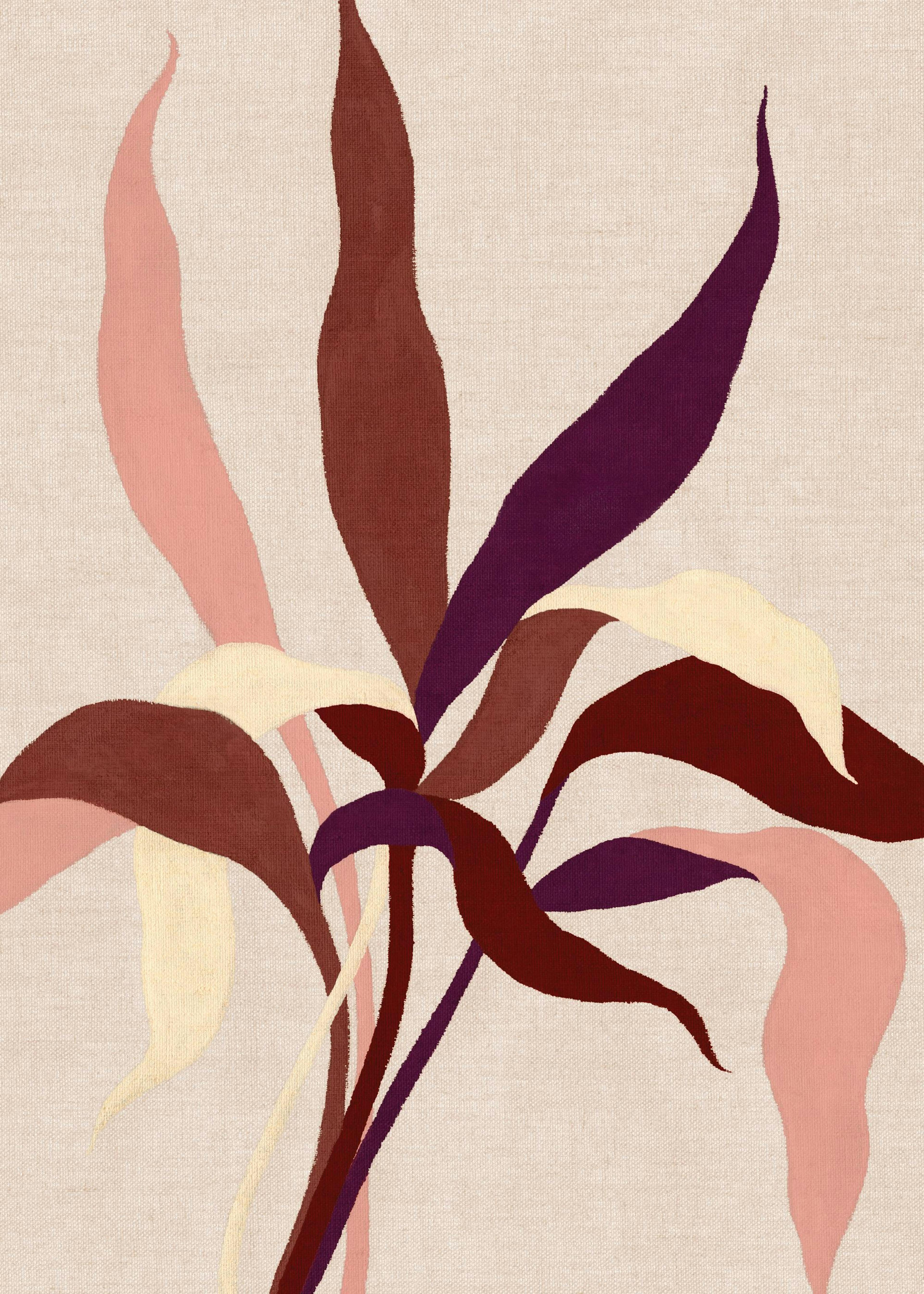 Affiche botanique aux feuilles colorées, tons de rose, bordeaux et violet sur fond crème, style illustration, typographie