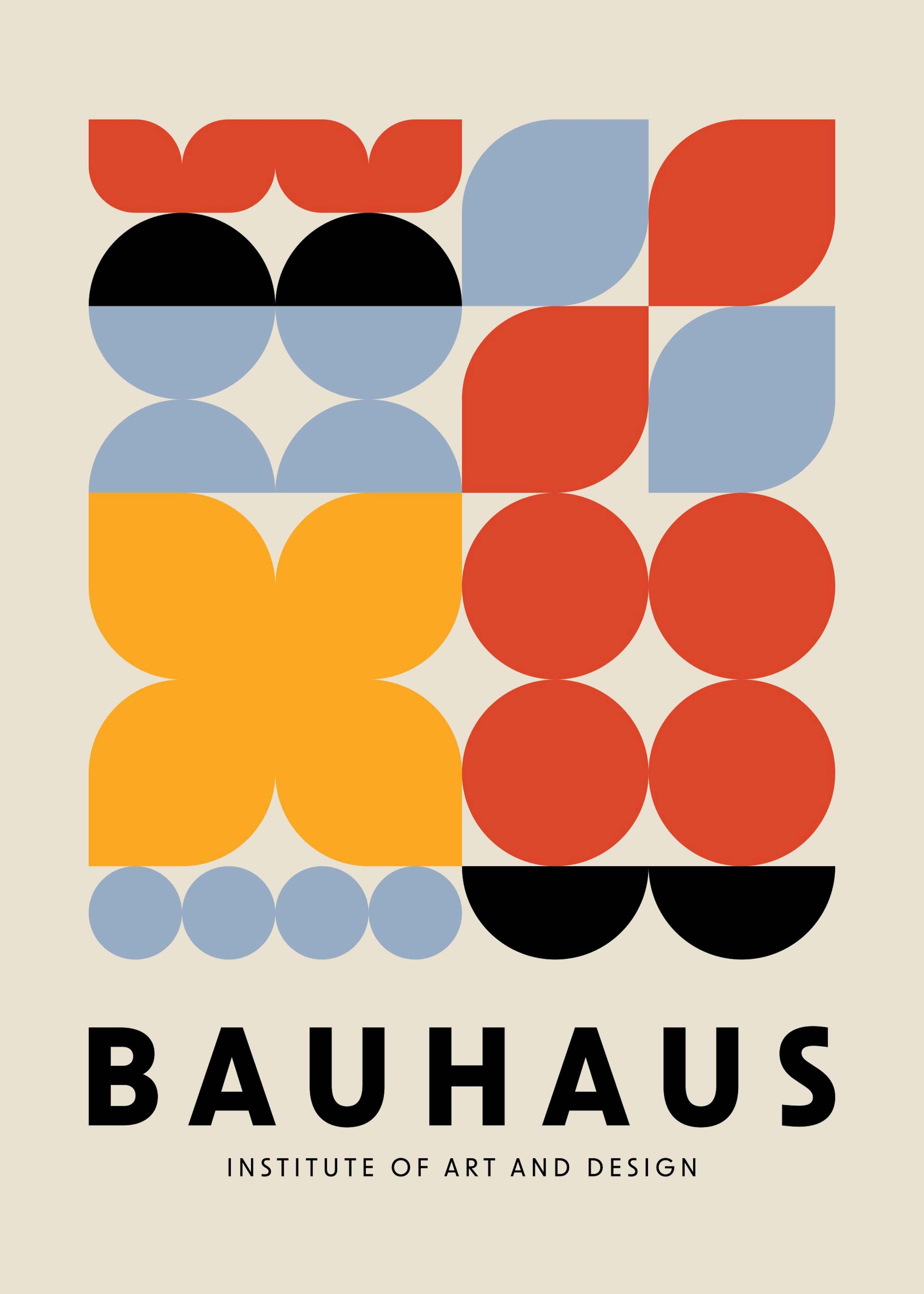Affiche Bauhaus avec formes géométriques rouges, bleues, jaunes et noires. Typographie Bauhaus en bas.