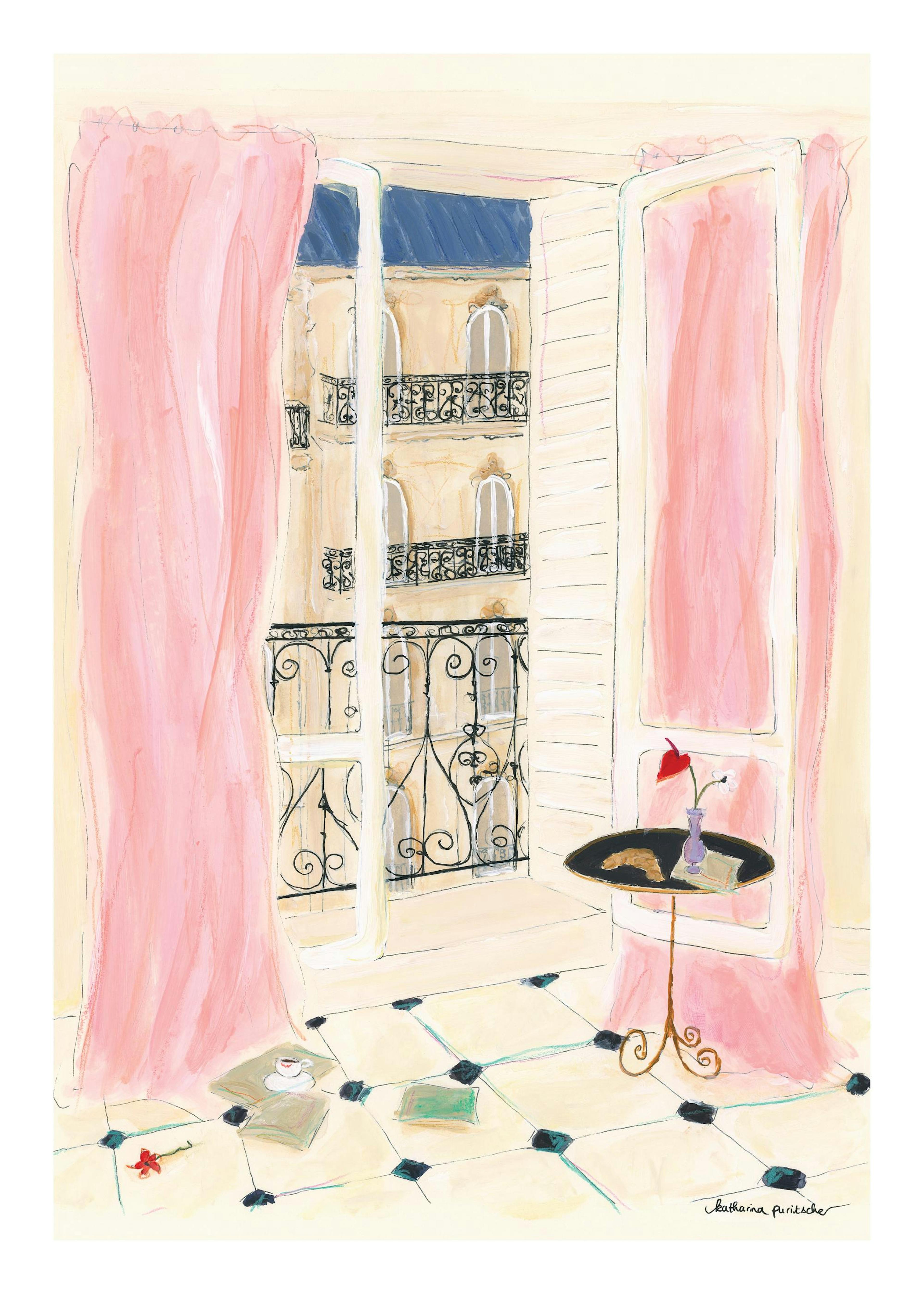 Poster con balcone francese, tende rosa, croissant e libro, vista città, Katharina Puritscher art.