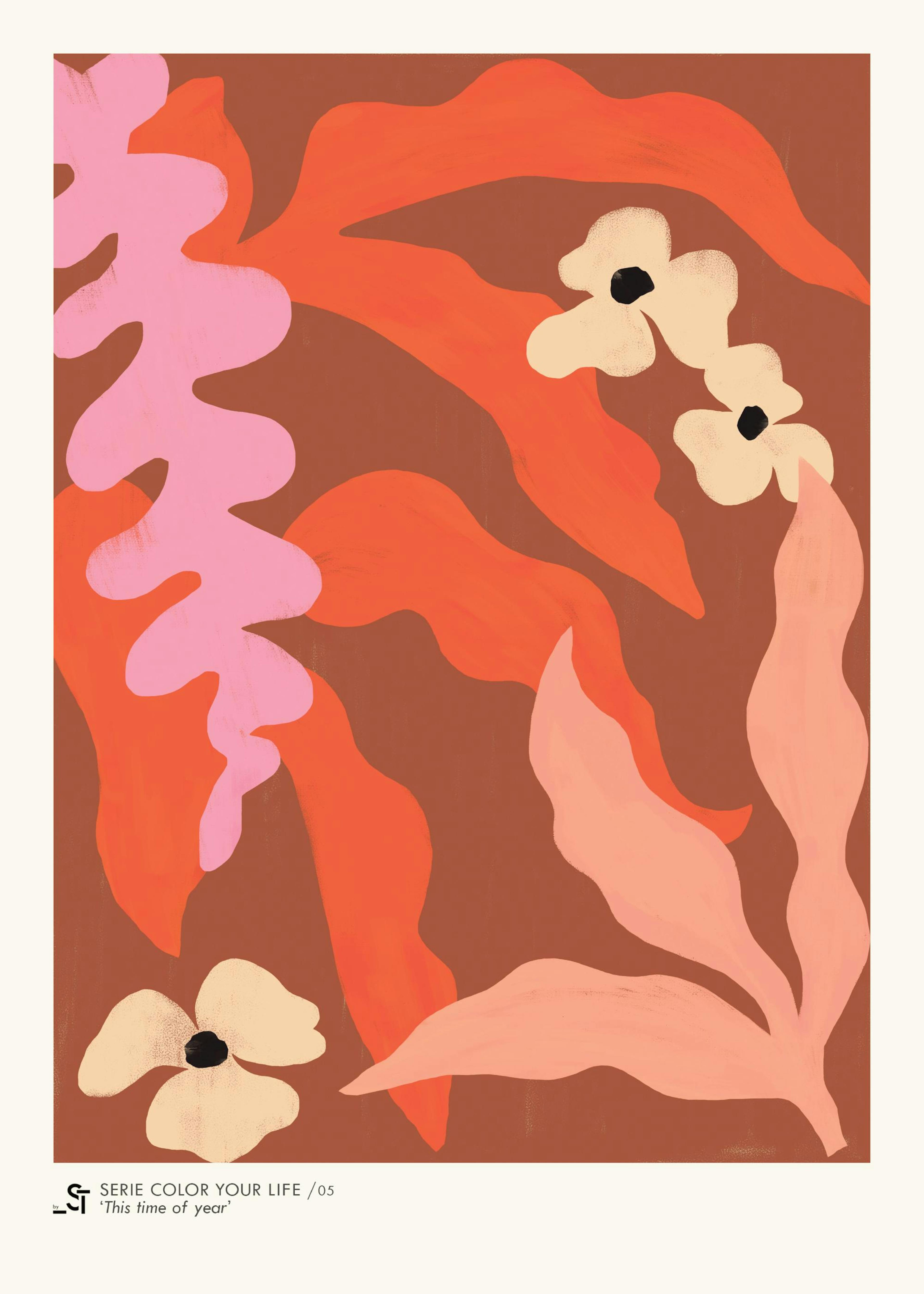 Sylvia Takken This Time of Year poster with beige flowers and red leaves on a brown background.