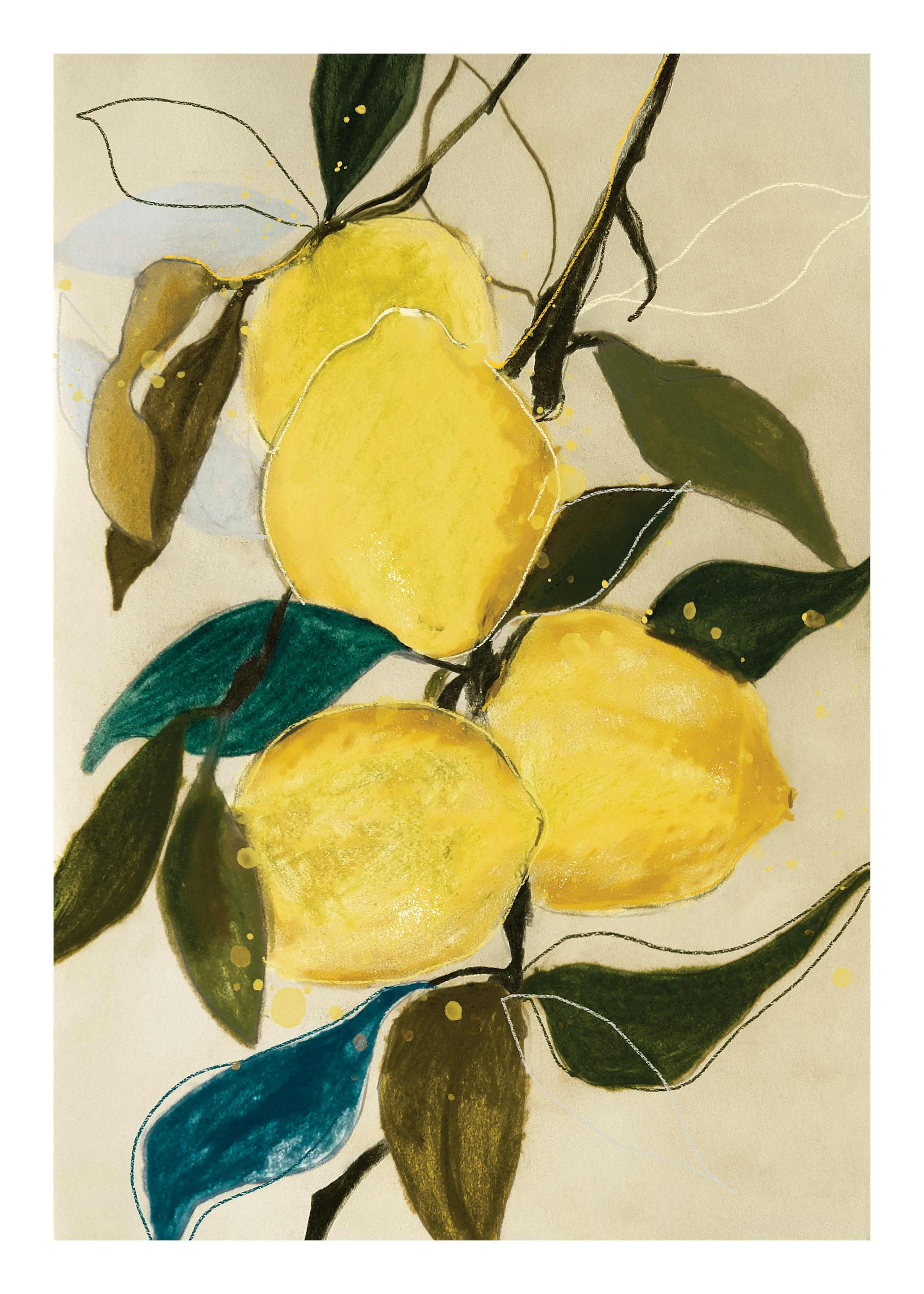Illustrazione botanica di limoni gialli su rami con foglie verdi e blu, su sfondo beige chiaro.
