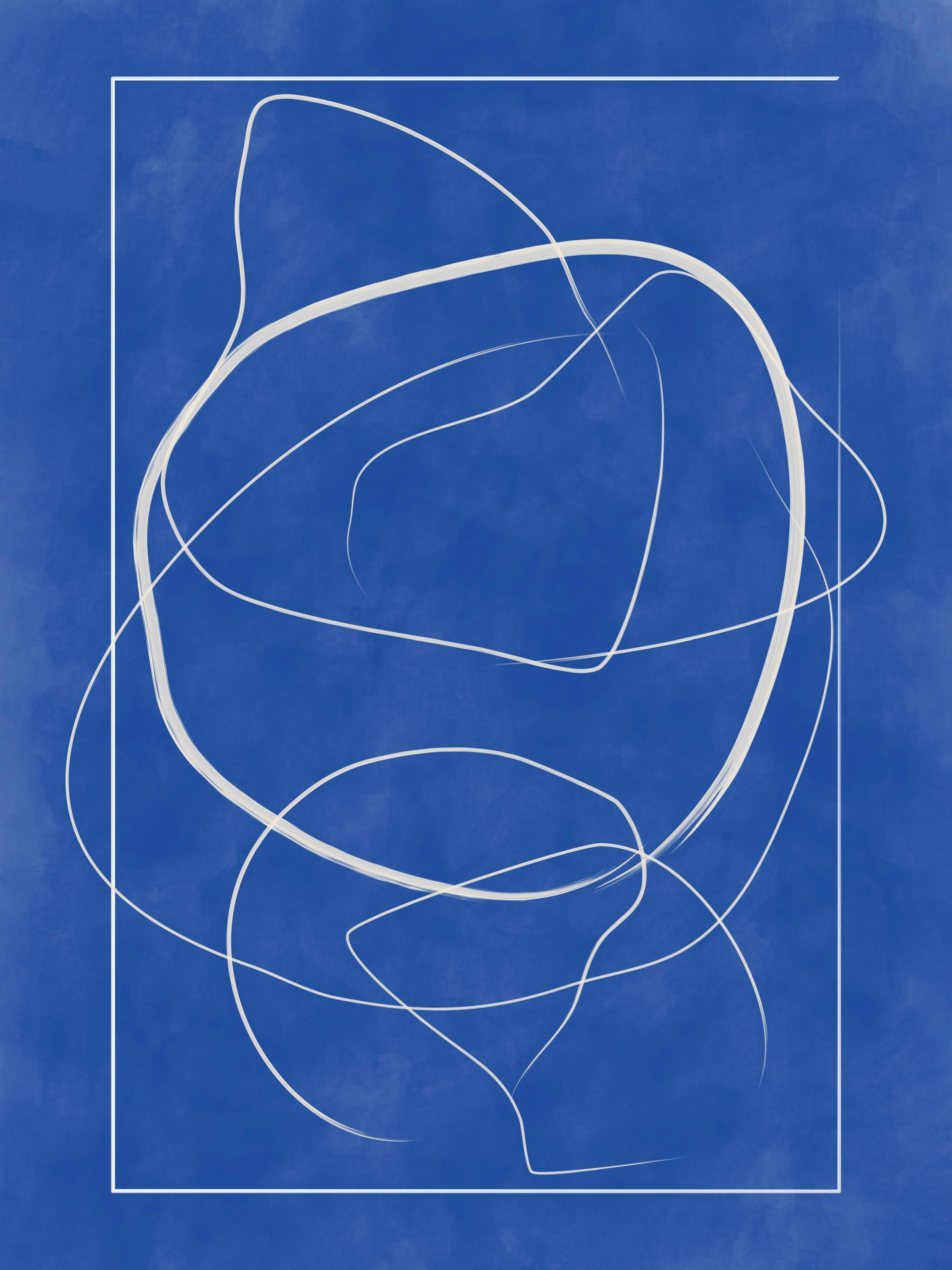 Poster astratto con linee blu, sfondo blu intenso, arte contemporanea.