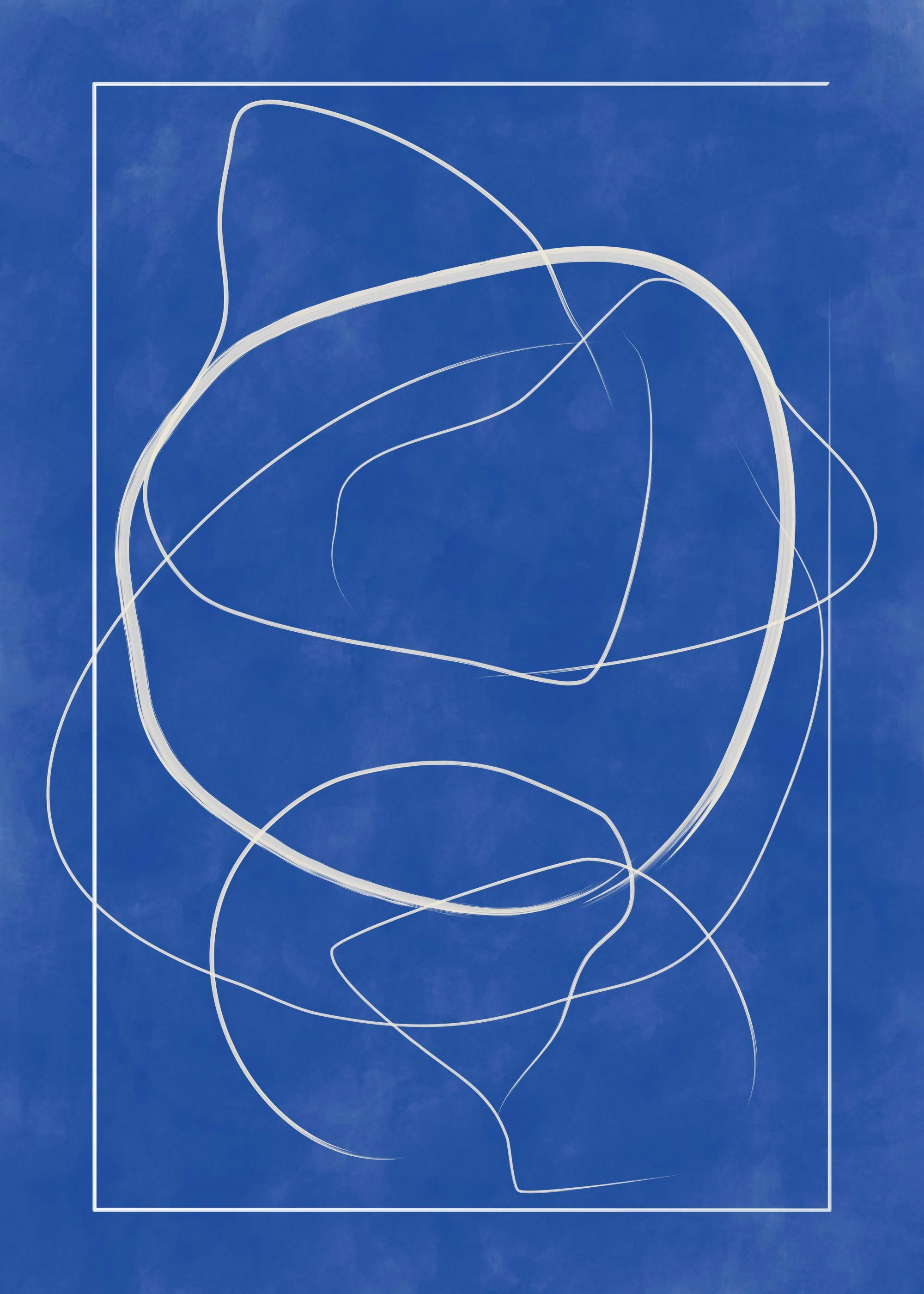 Affiche bleue abstraite avec des lignes blanches ondulées et une bordure rectangulaire pour un design moderne