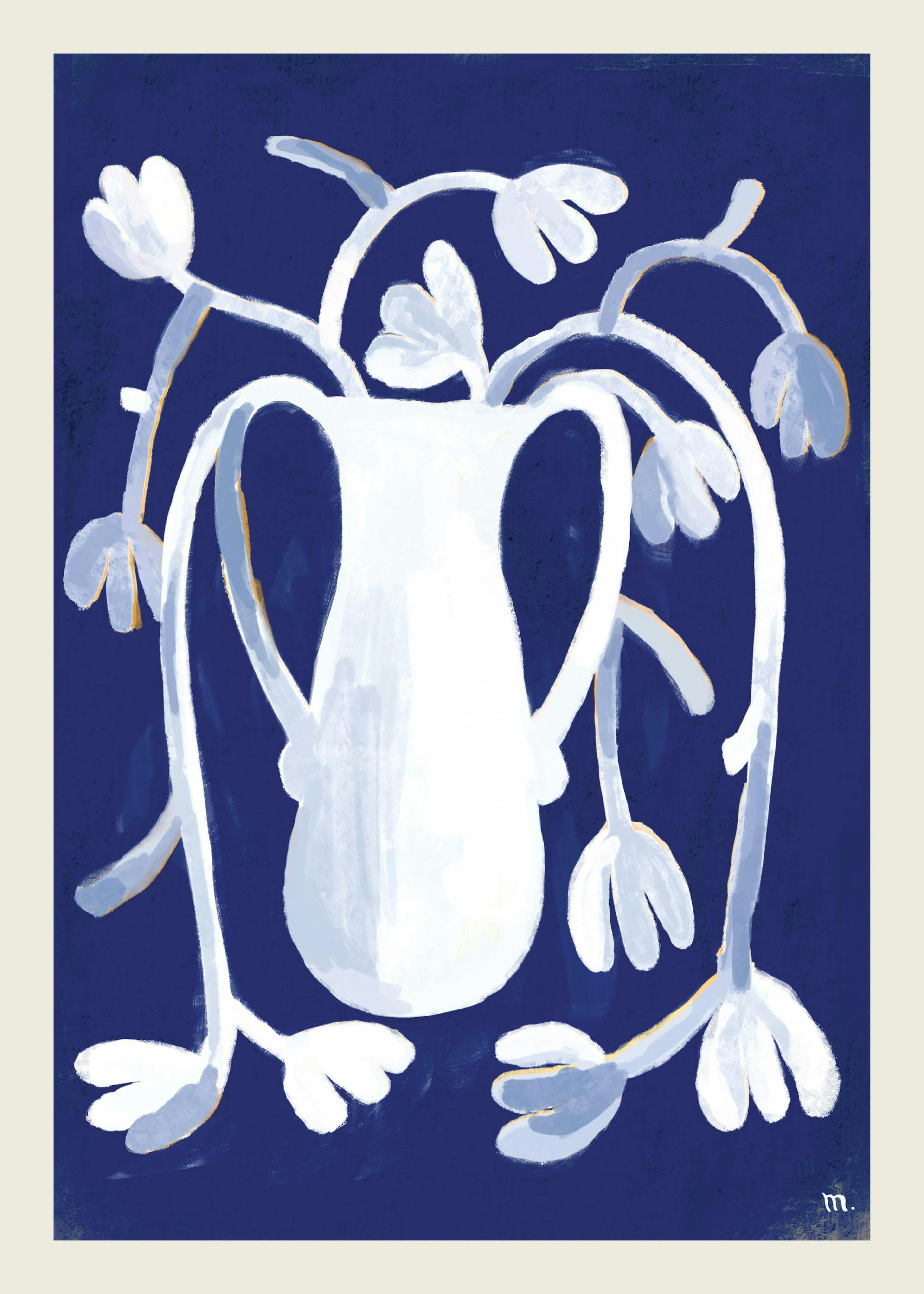 White vase with hanging white flowers on a dark blue background. Modern floral print poster by Marco Marella.