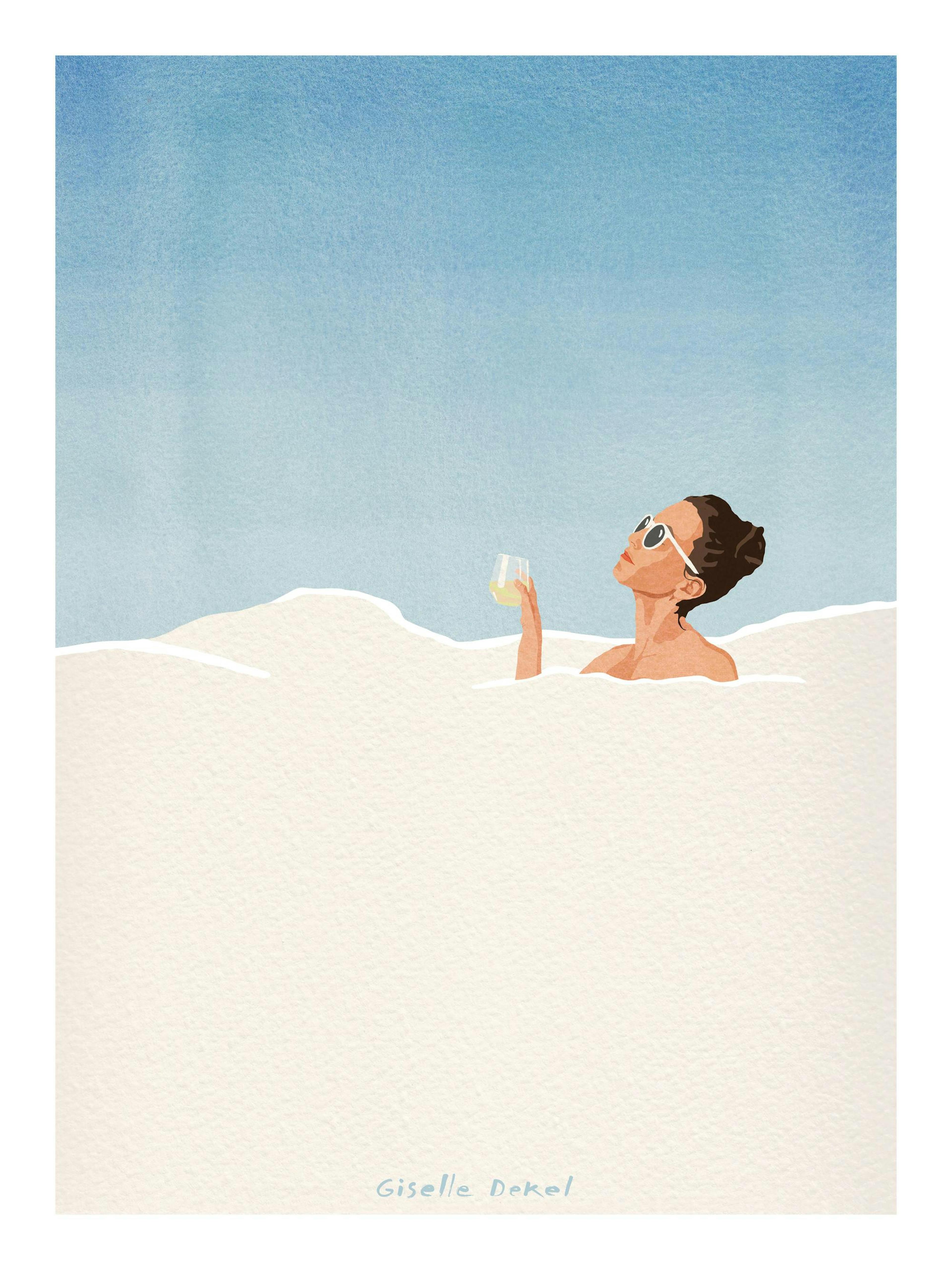 Affiche Giselle Dekel, femme prenant un bain moussant avec un verre, fond ciel bleu. Art illustration, style moderne.