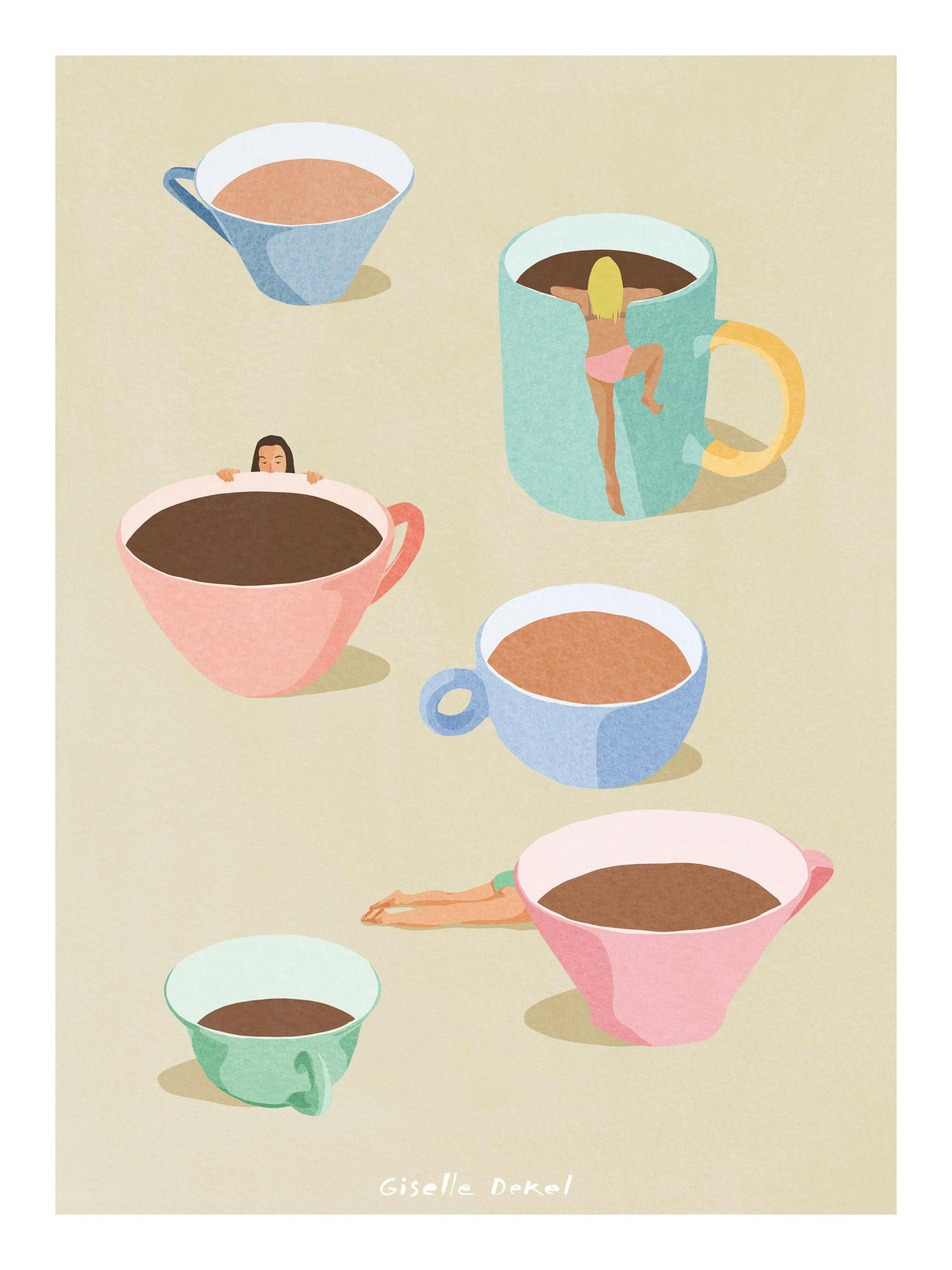 Giselle Dekel Coffee Ladies print, featuring women in colorful coffee cups on a grey-beige background.