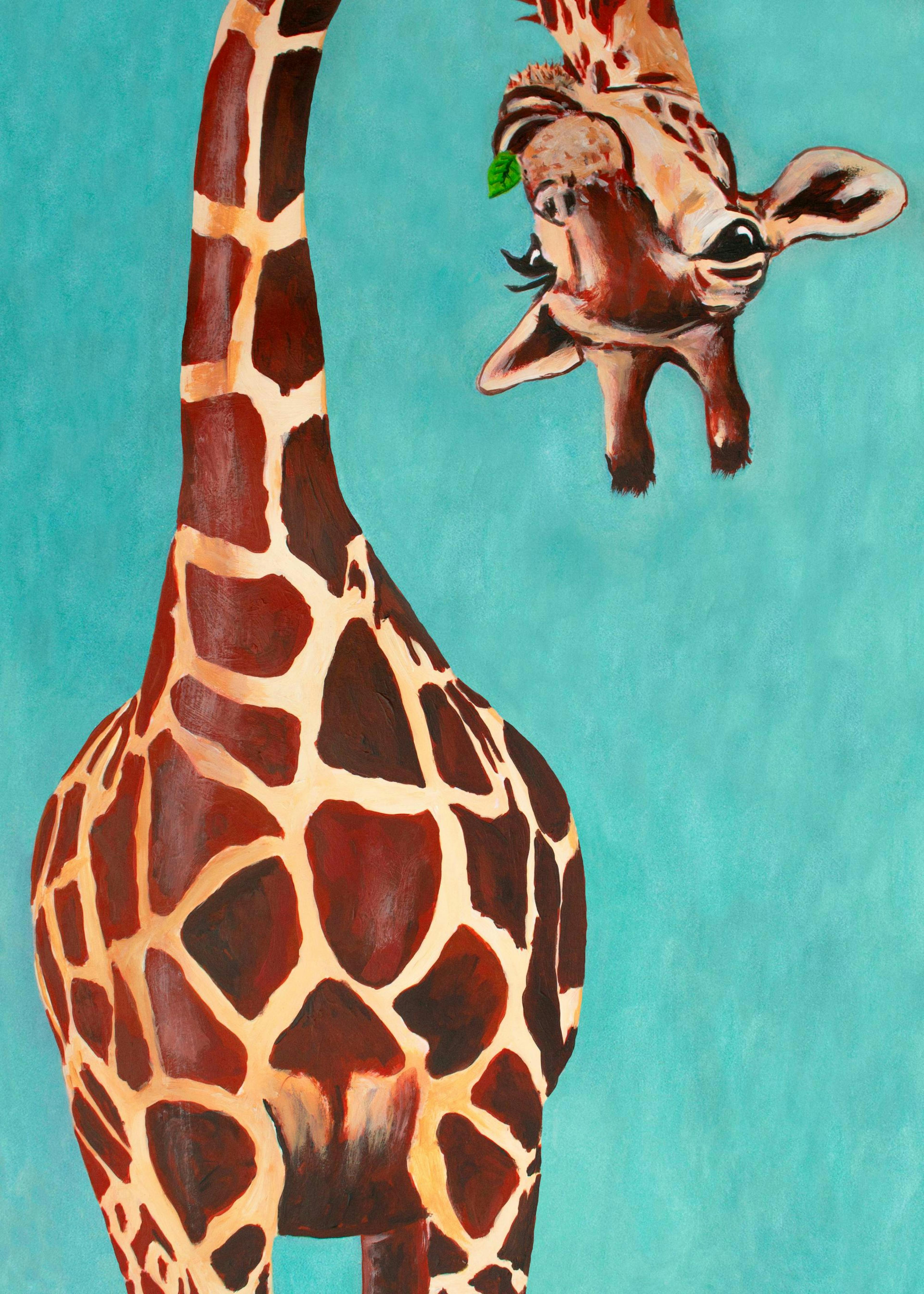 Coco de Paris upside-down giraffe art print. Brown spotted giraffe head peers from top on bright turquoise background.