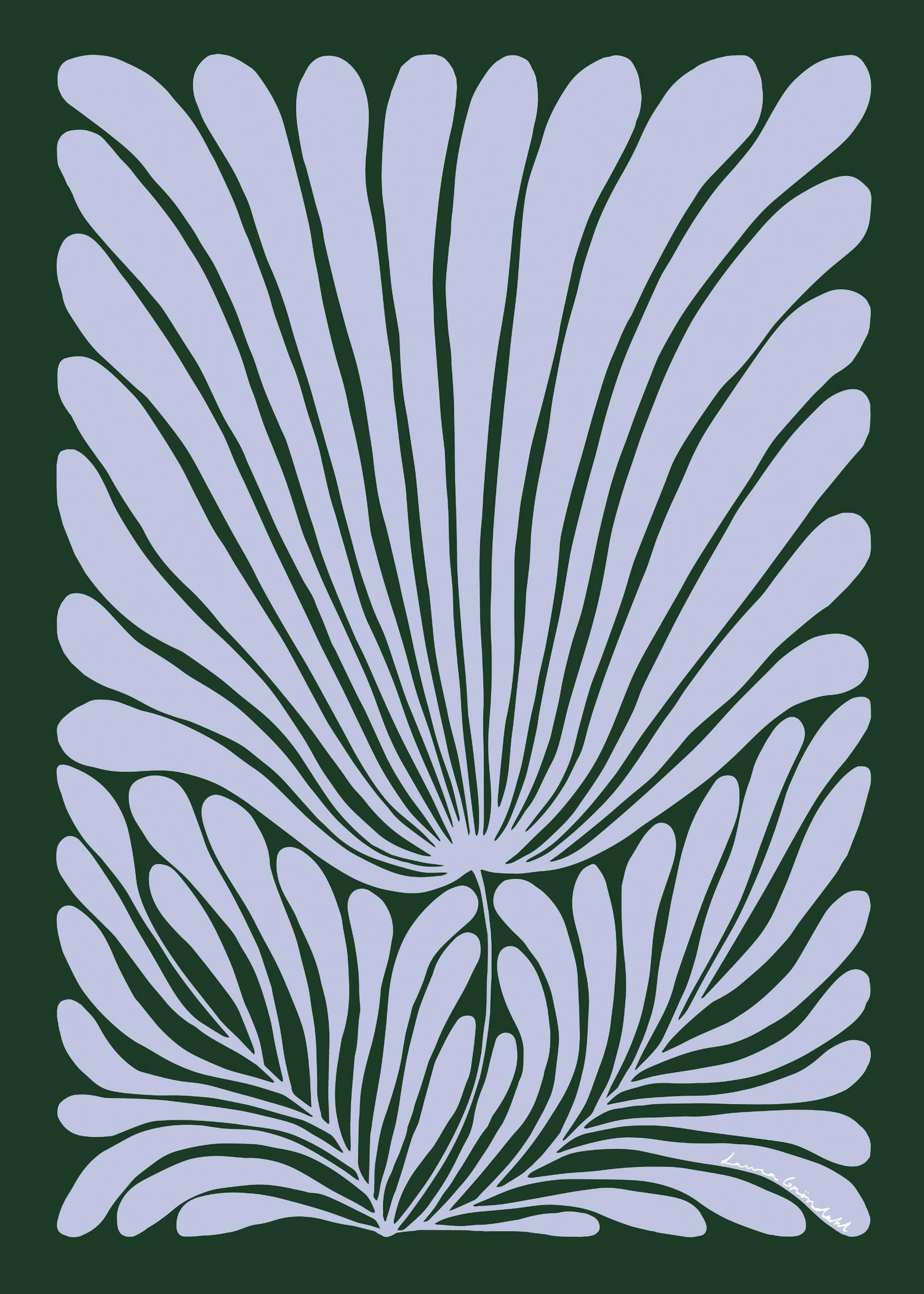 Poster di Laura Gröndahl con motivo floreale stilizzato verde bosco e lavanda, foglie curve e petali