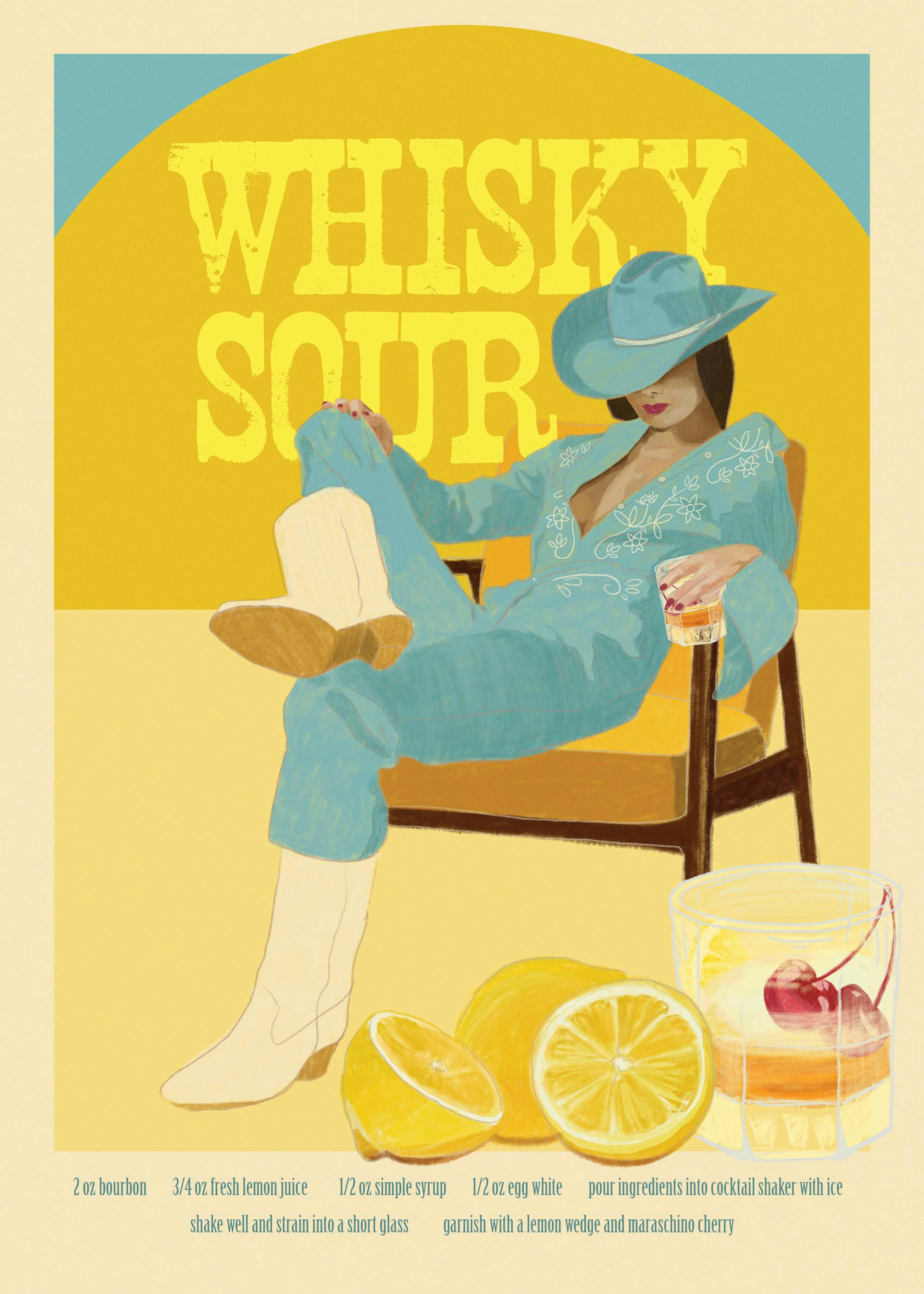 Affiche Whisky Sour avec femme cowgirl en tenue bleue, assise sur une chaise, tenant un verre. Recette et citrons en bas de lima