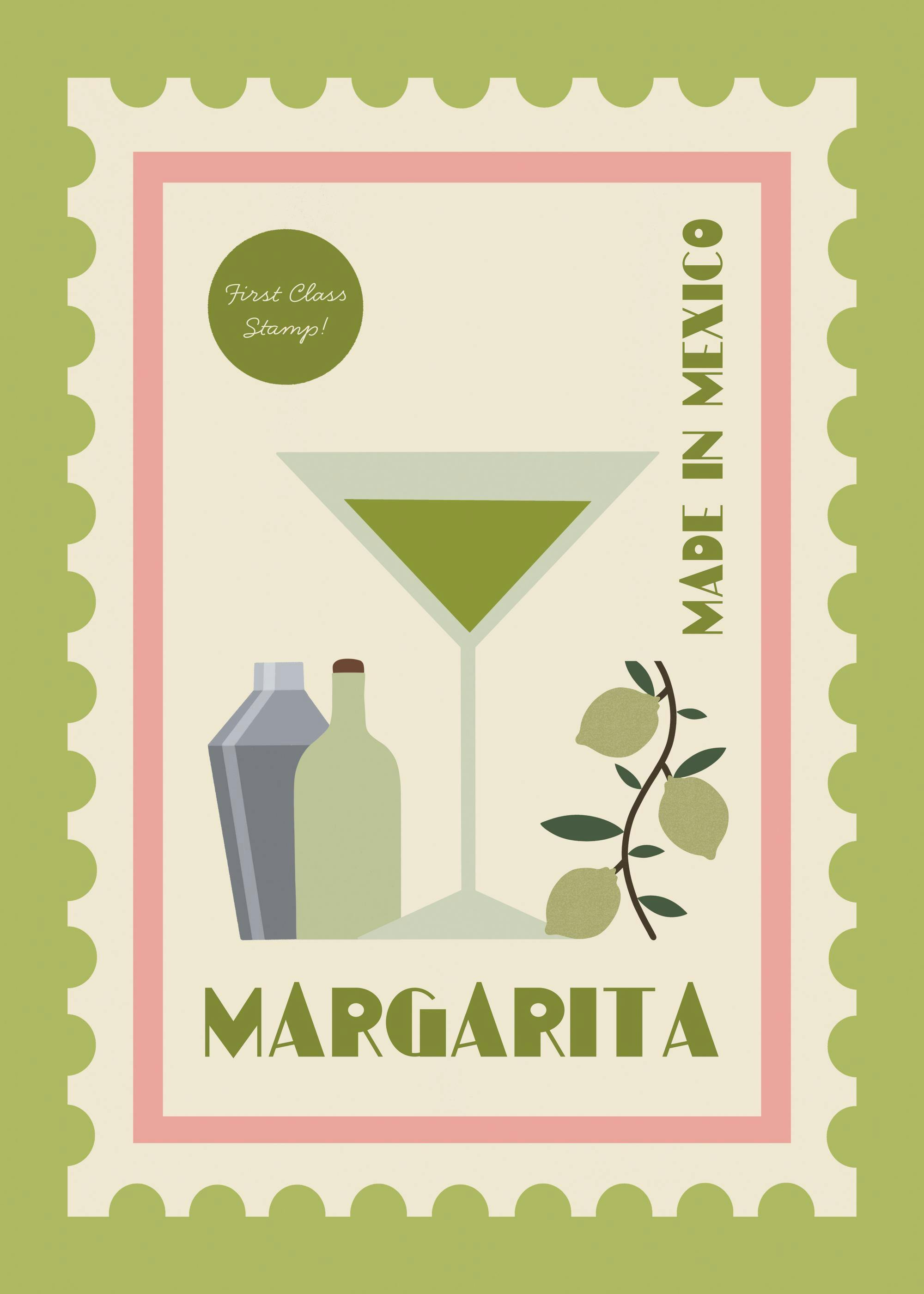 A print of a green margarita cocktail and lemons in a stamp design, hanging above a wooden dining table.