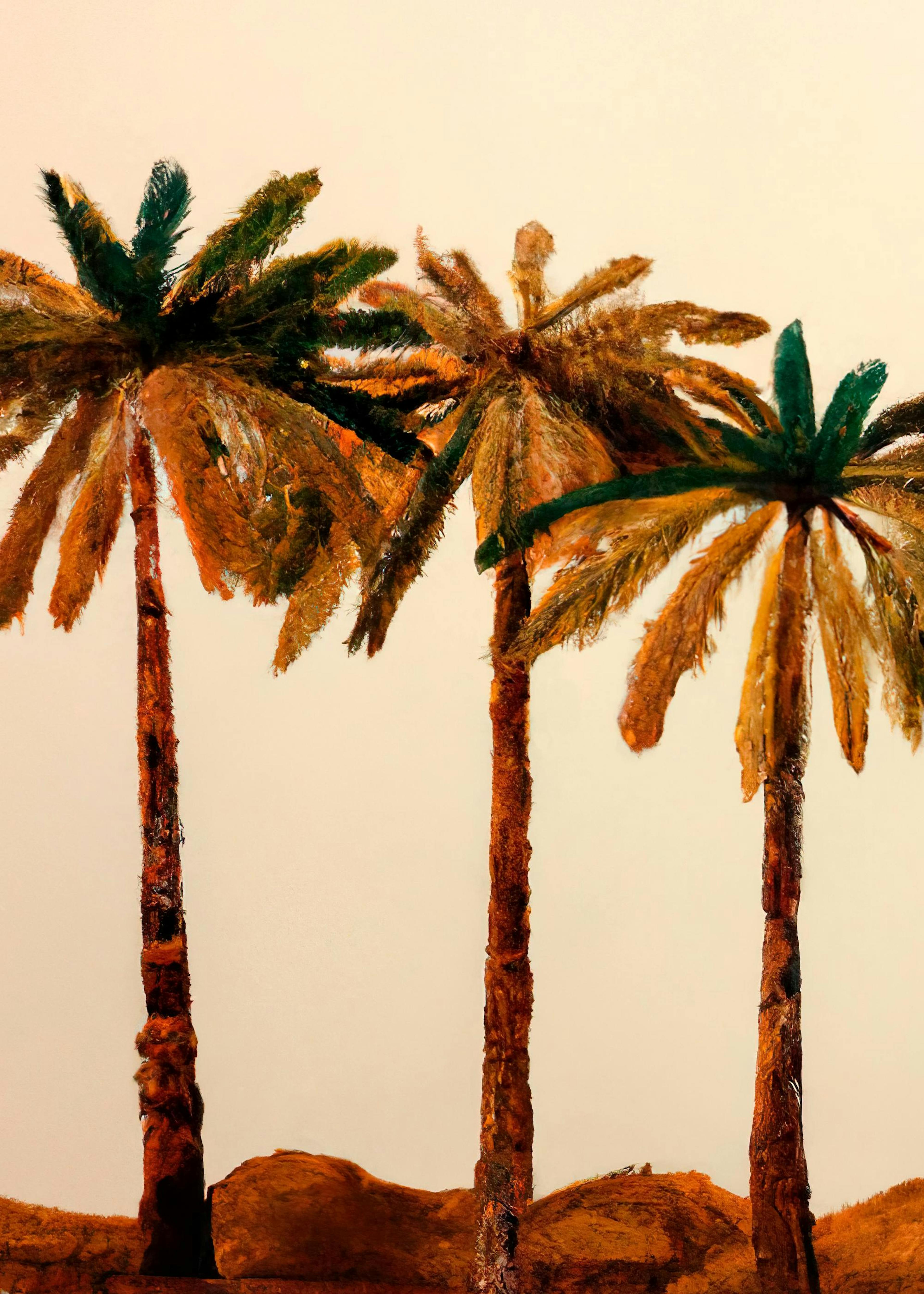 Poster Merel Takken con tre palme tropicali, foglie verdi, gialle e marroni su sfondo chiaro.