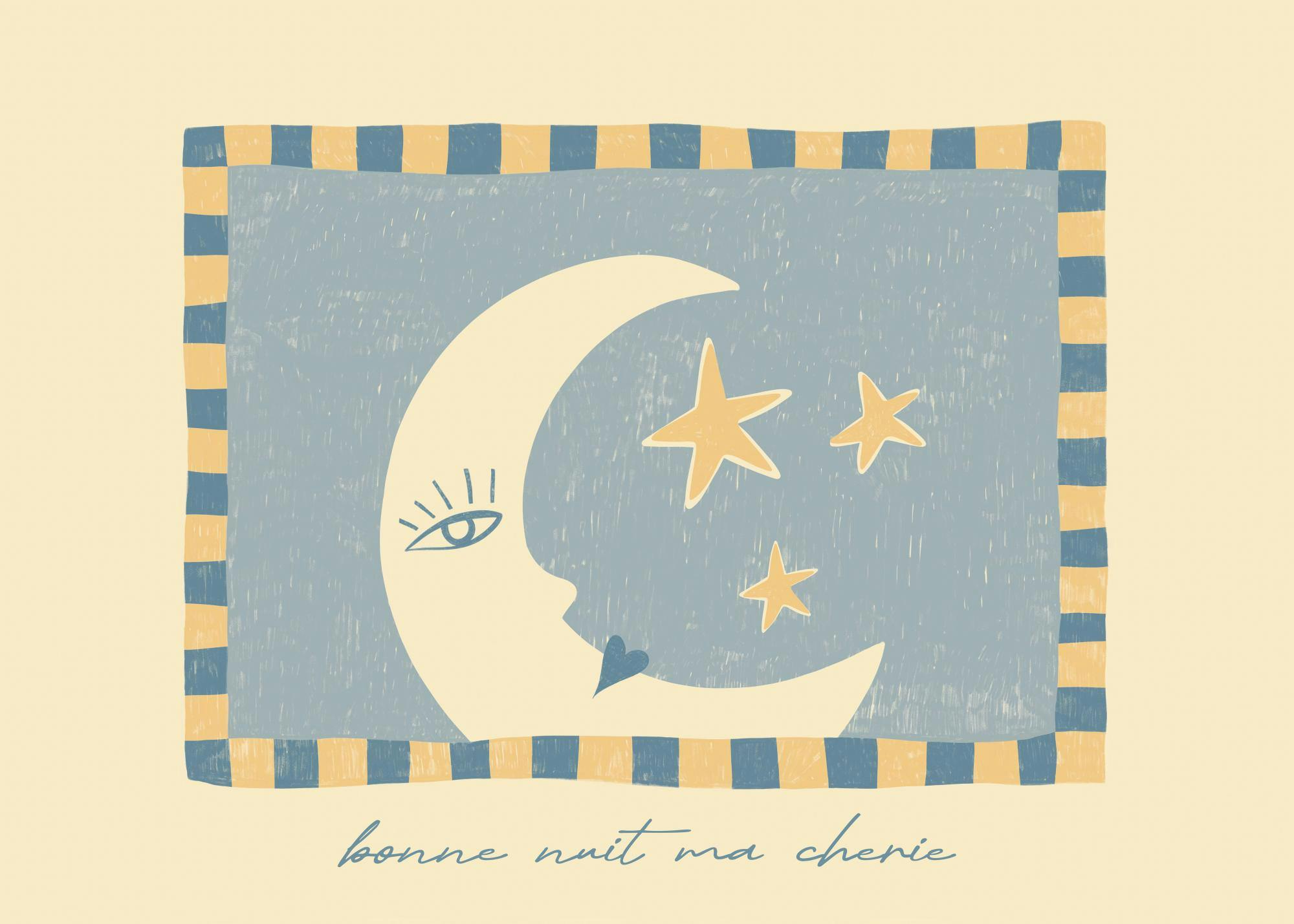 Póster de luna y estrellas con texto bonne nuit ma cherie, colgado sobre una cama con almohadas blancas.